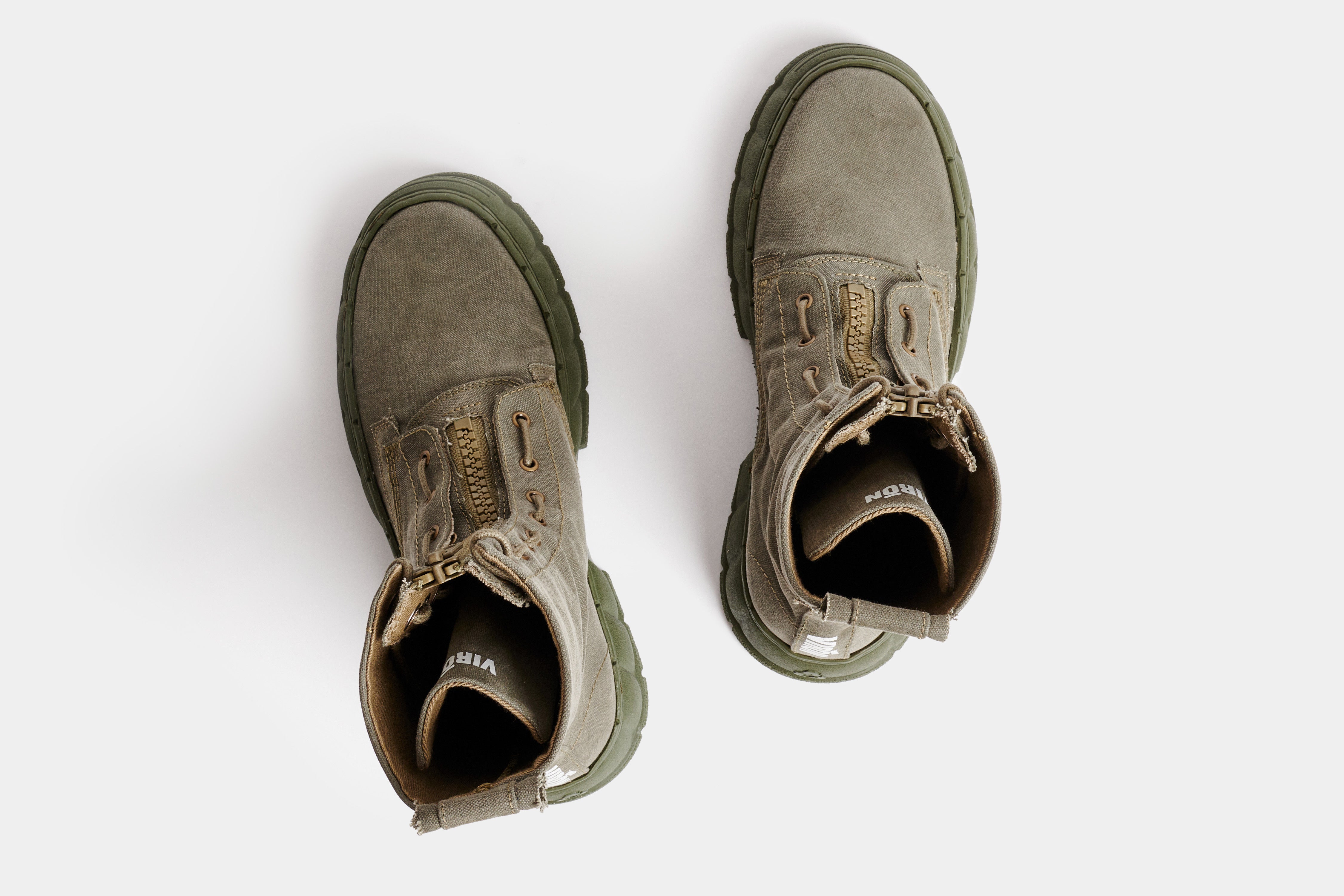 1992z vegan combat boot with a zipper out of upcycled surplus army tents in green shown from the top
