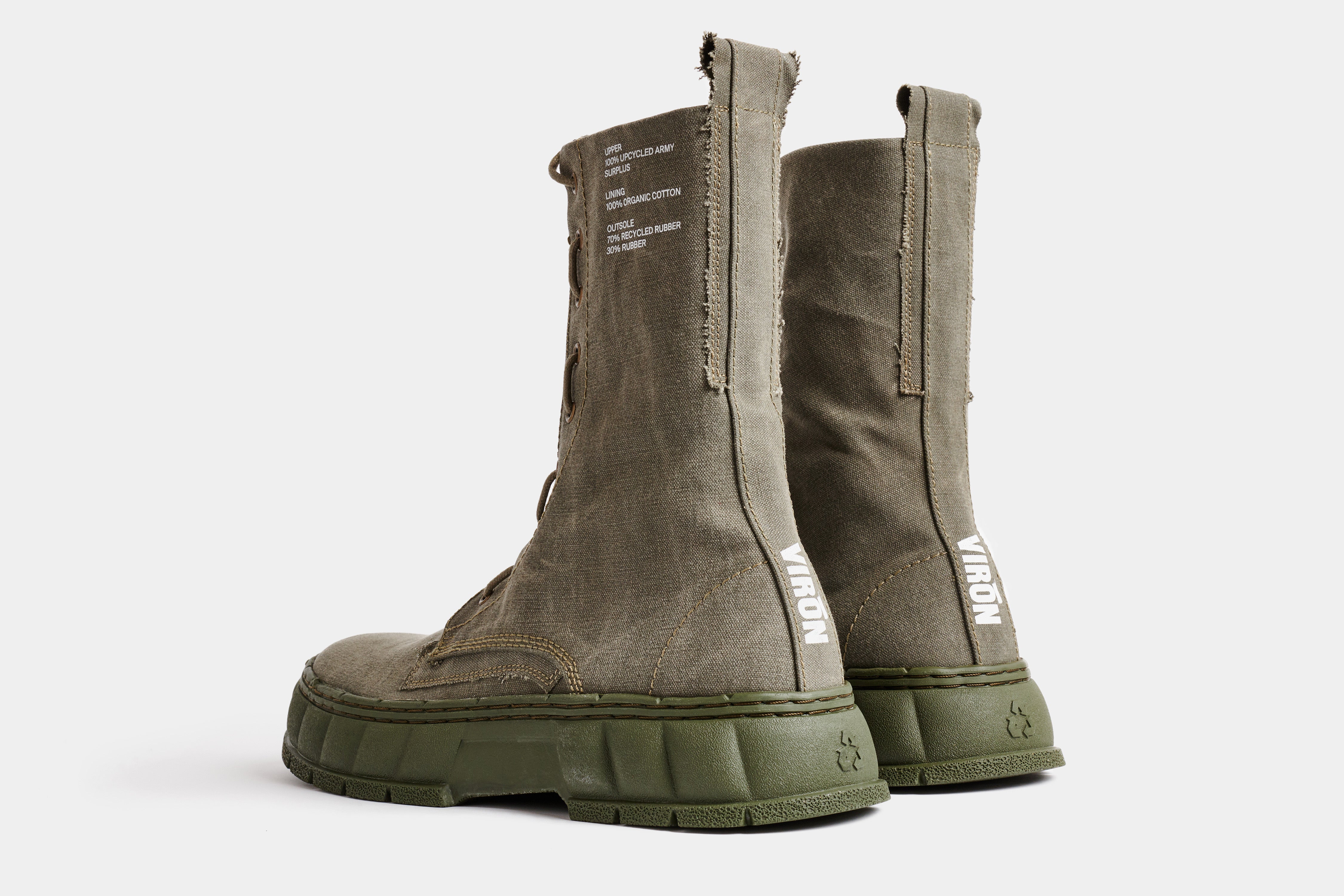 1992z vegan combat boot with a zipper out of upcycled surplus army tents in green shown from the back