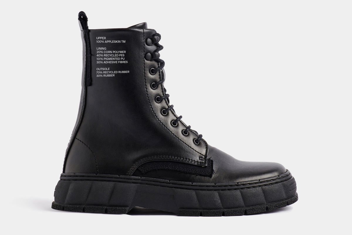 1992 Vegan combat boot out of Appleskin in Black Apple shown from the side