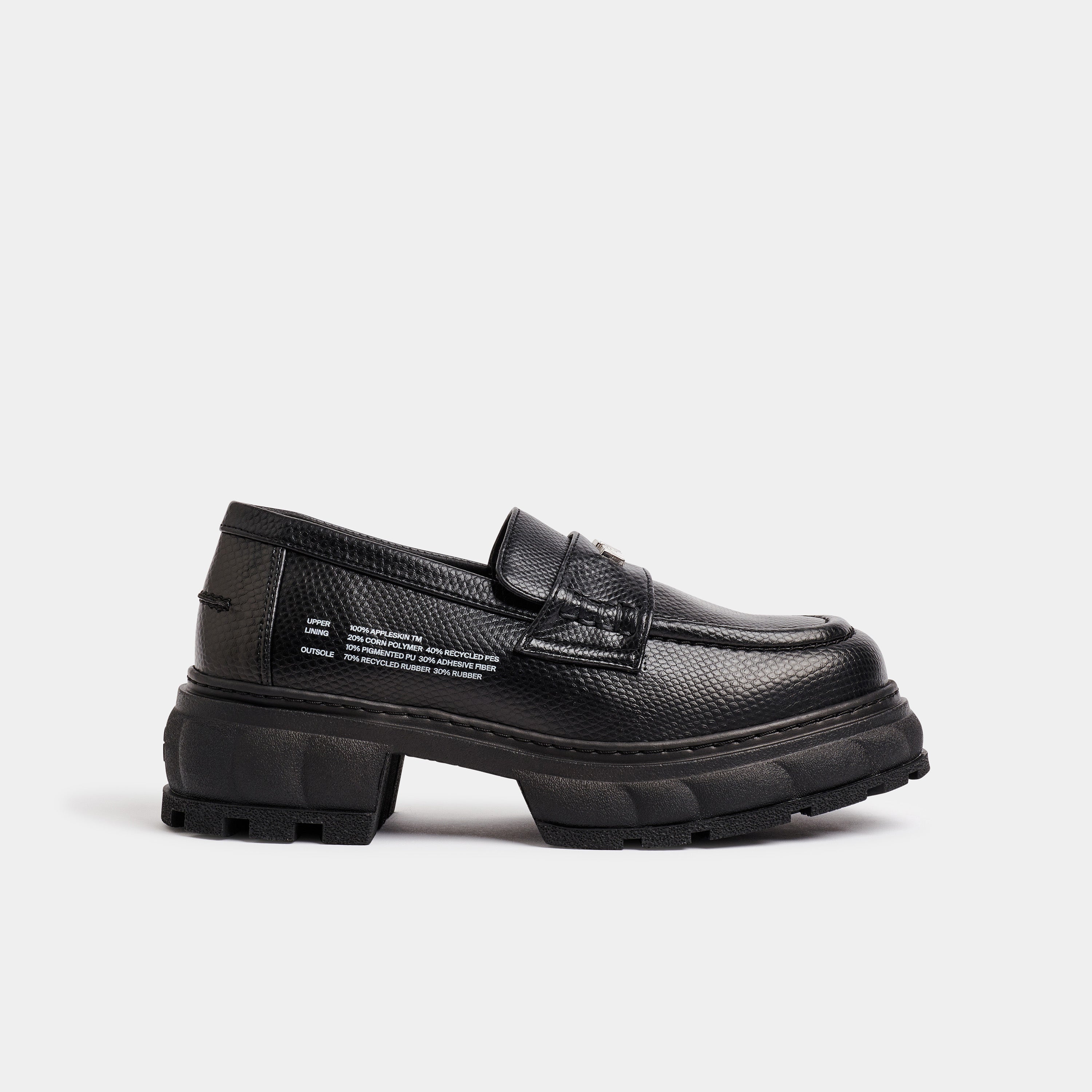 Quantum Vegan raised Loafer shoes in snakeskin optic out of Appleskin in Black Apple shown from the side