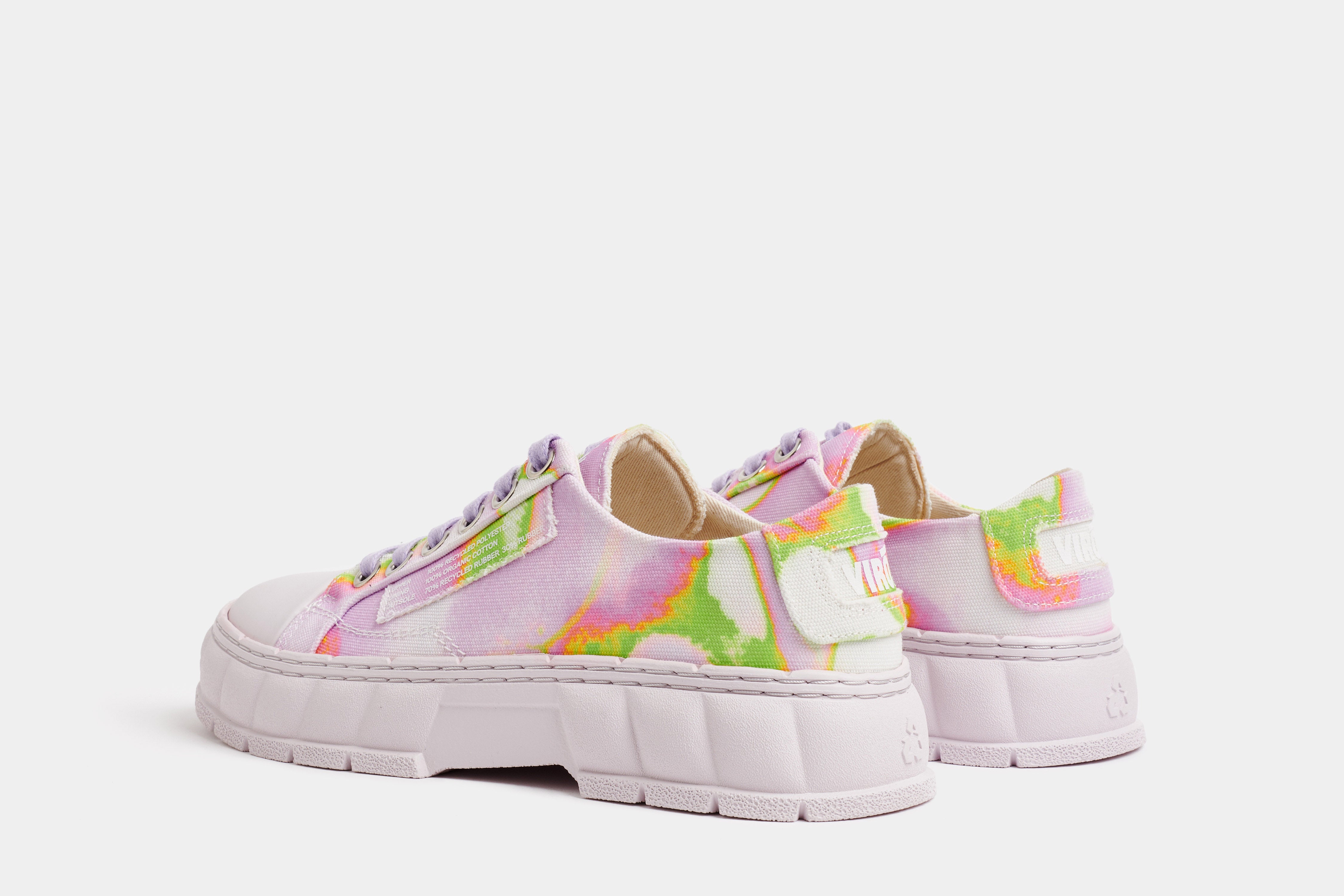 1968 Vegan low top sneaker made from recycled PET in Pink and green shown from the back