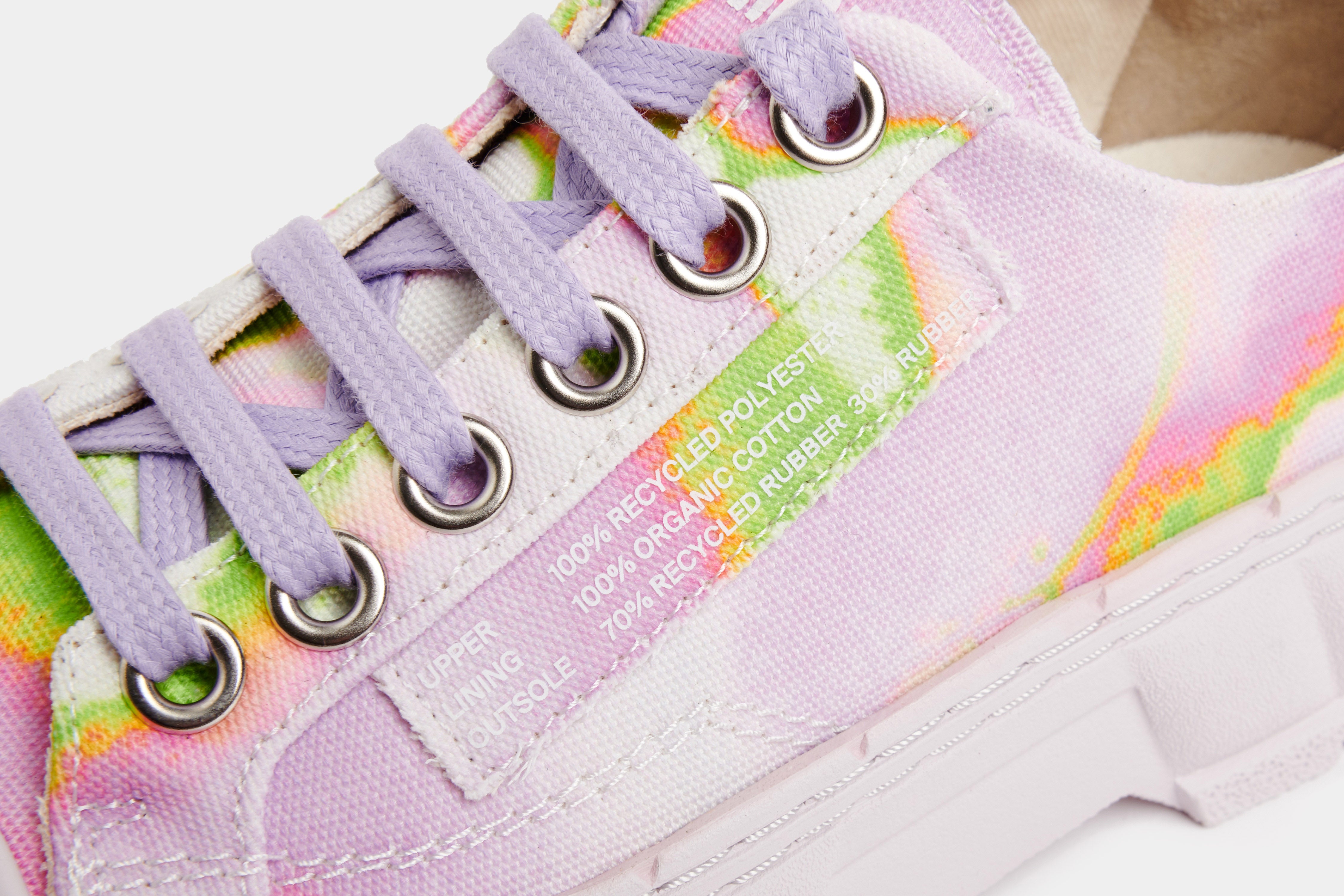 1968 Vegan low top sneaker made from recycled PET in Pink and green shown close up