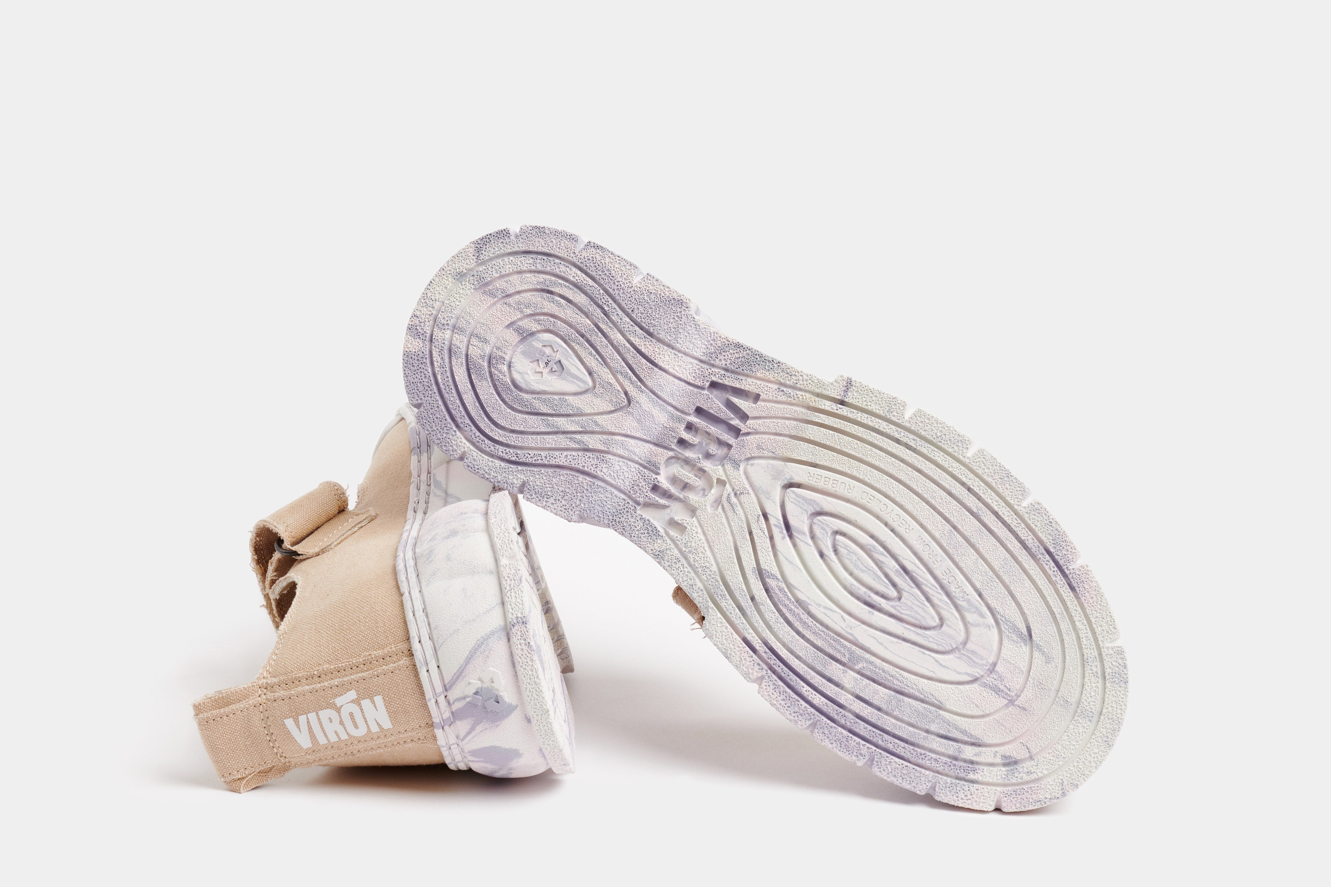 1999 Vegan beige velcro shoes made from recycled cotton shown from the bottom