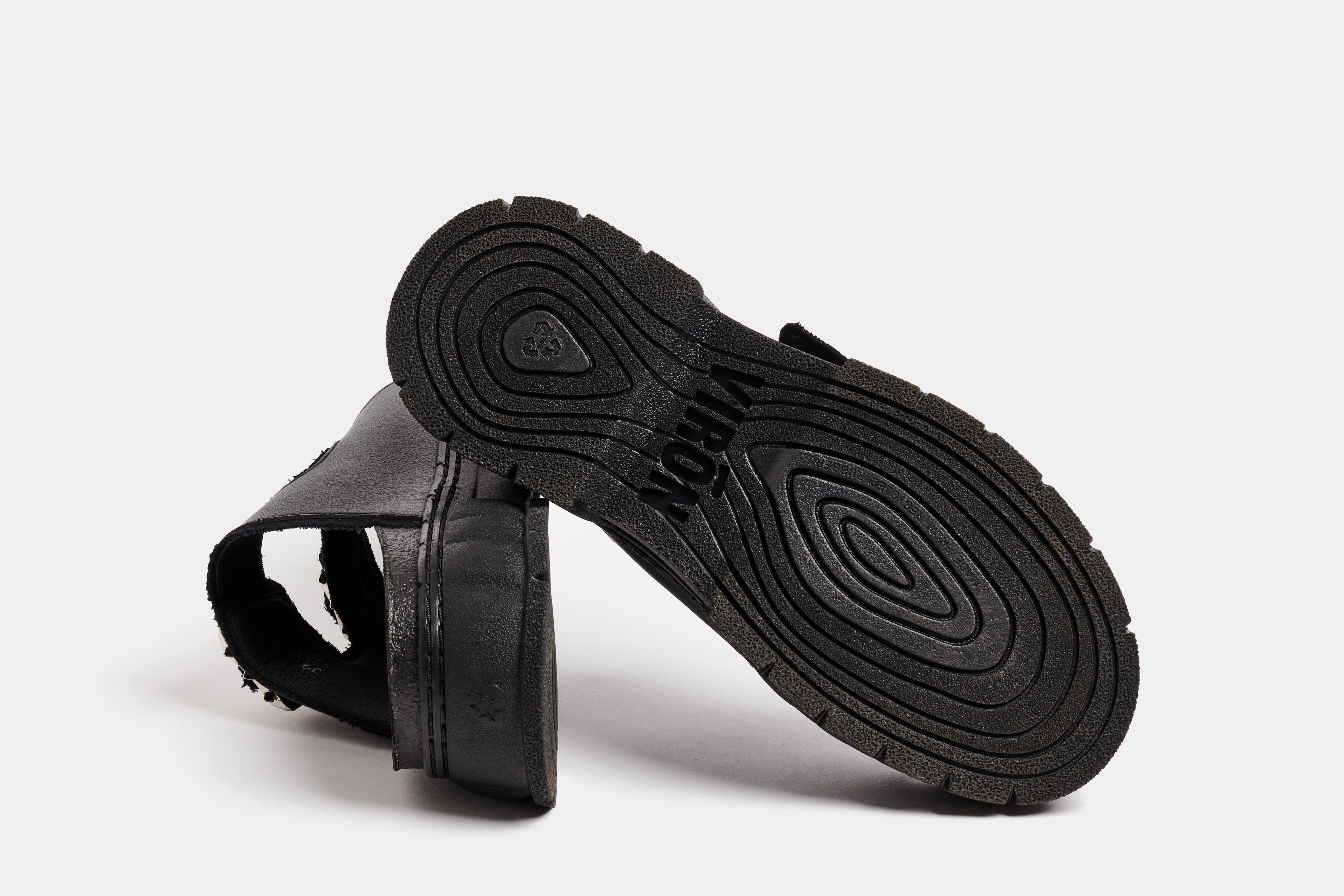 2018 Vegan black platform sandal made from corn leather shown from the bottom