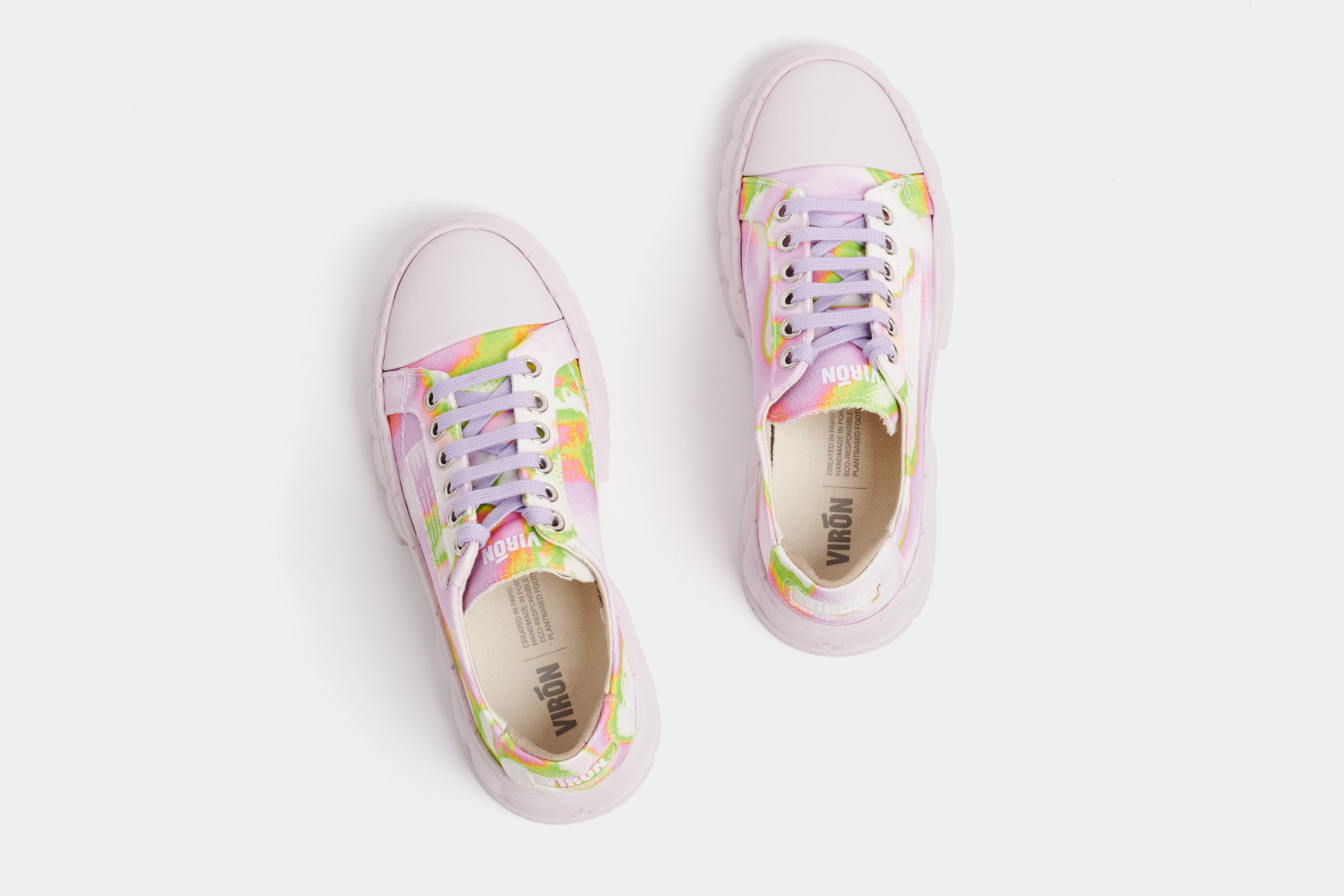 1968 Vegan low top sneaker made from recycled PET in Pink and green shown from the top