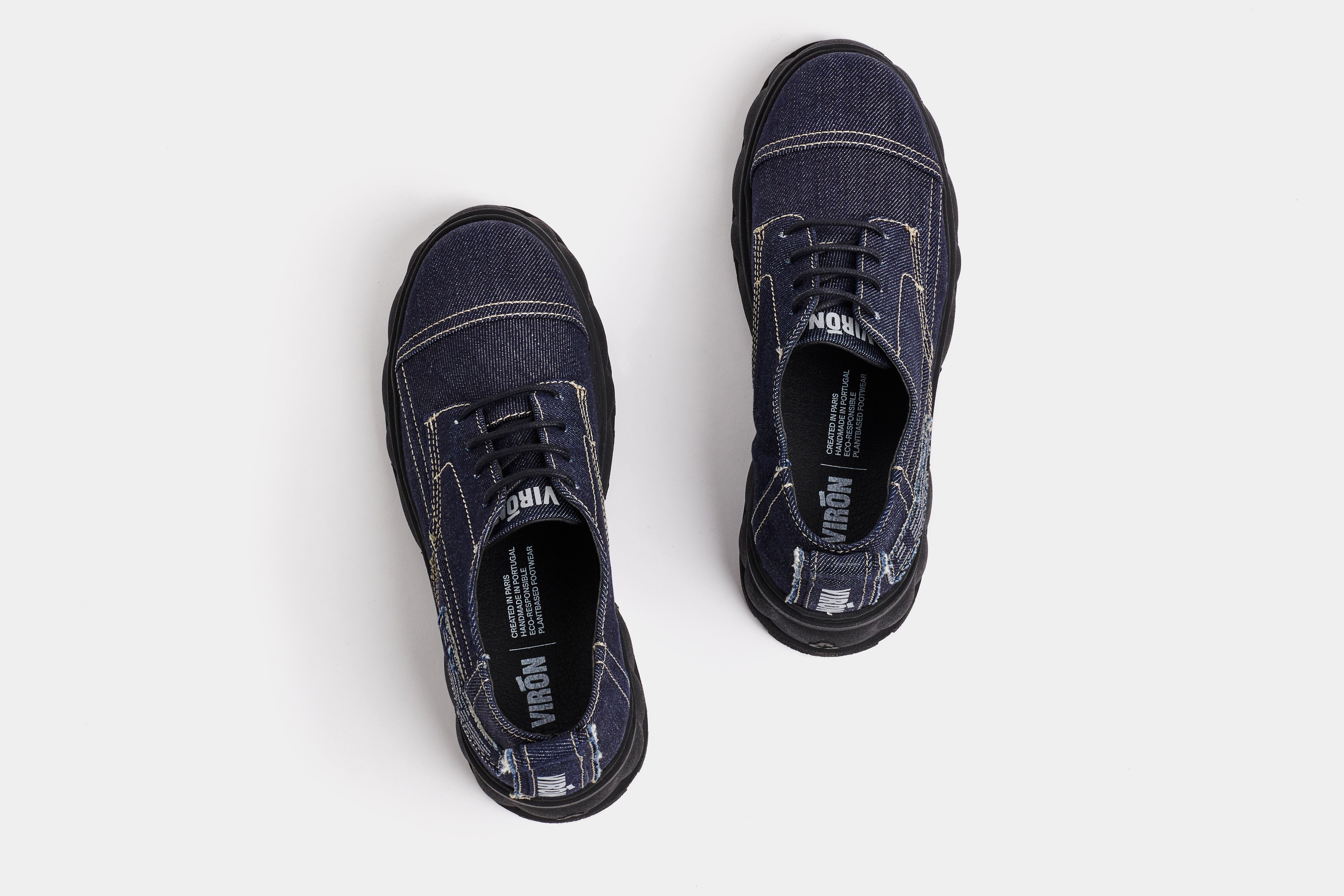 Alter Vegan platform derby made from upcycled denim in blue shown from the top
