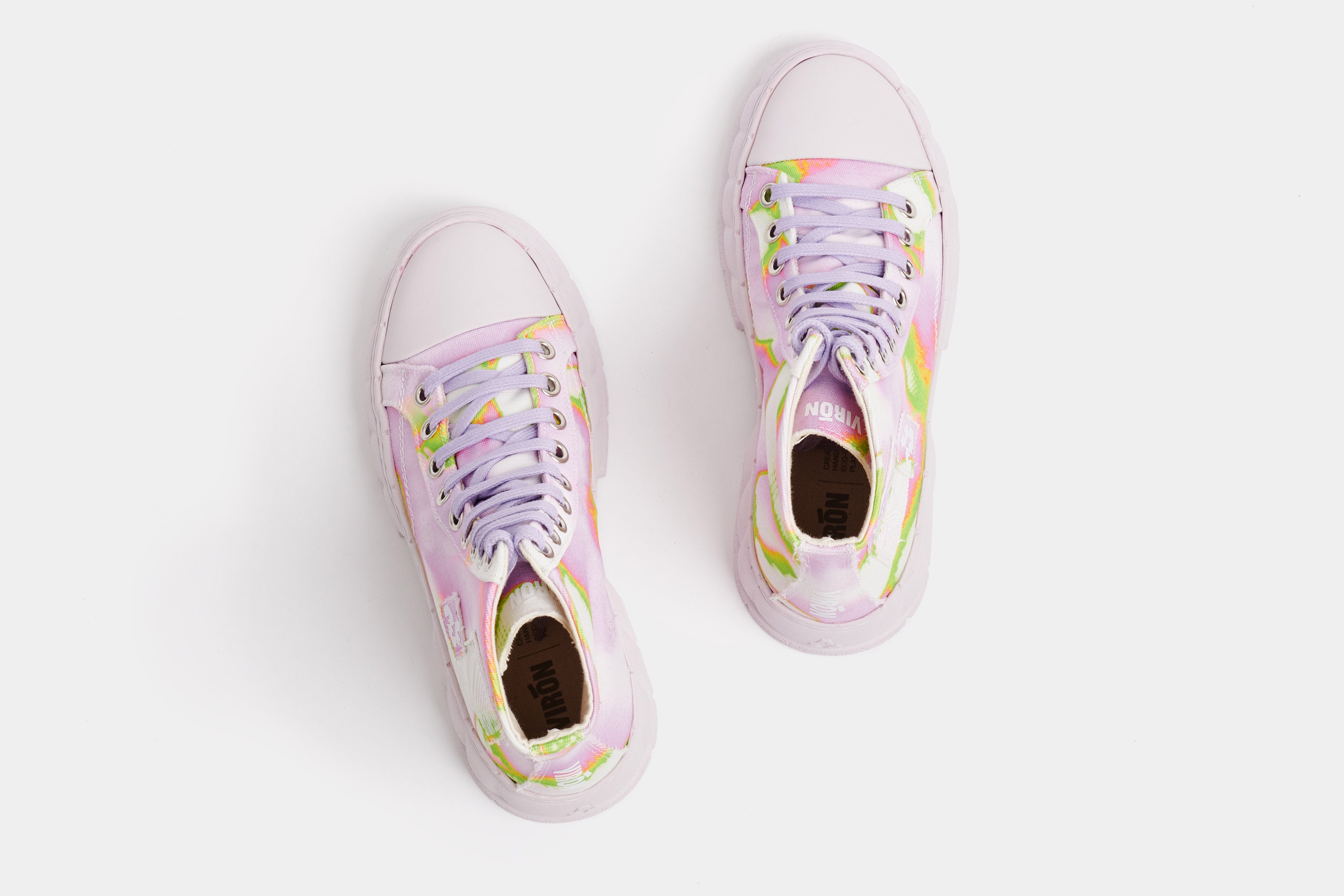 1982 Vegan high top sneaker made from recycled PET in pink green shown from the top