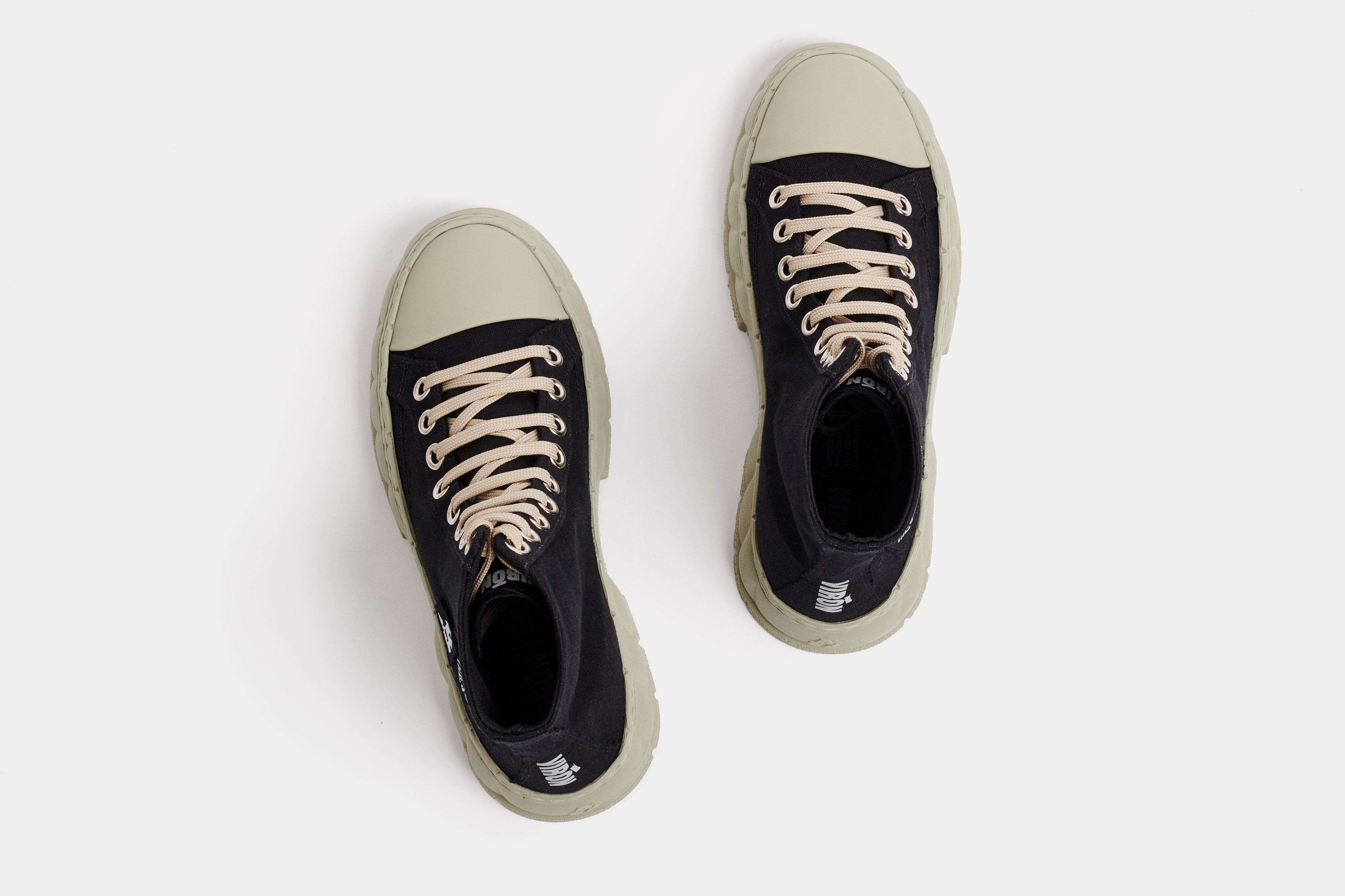 1982 Vegan high top sneaker made from recycled cotton in Black with green sole shown from the top