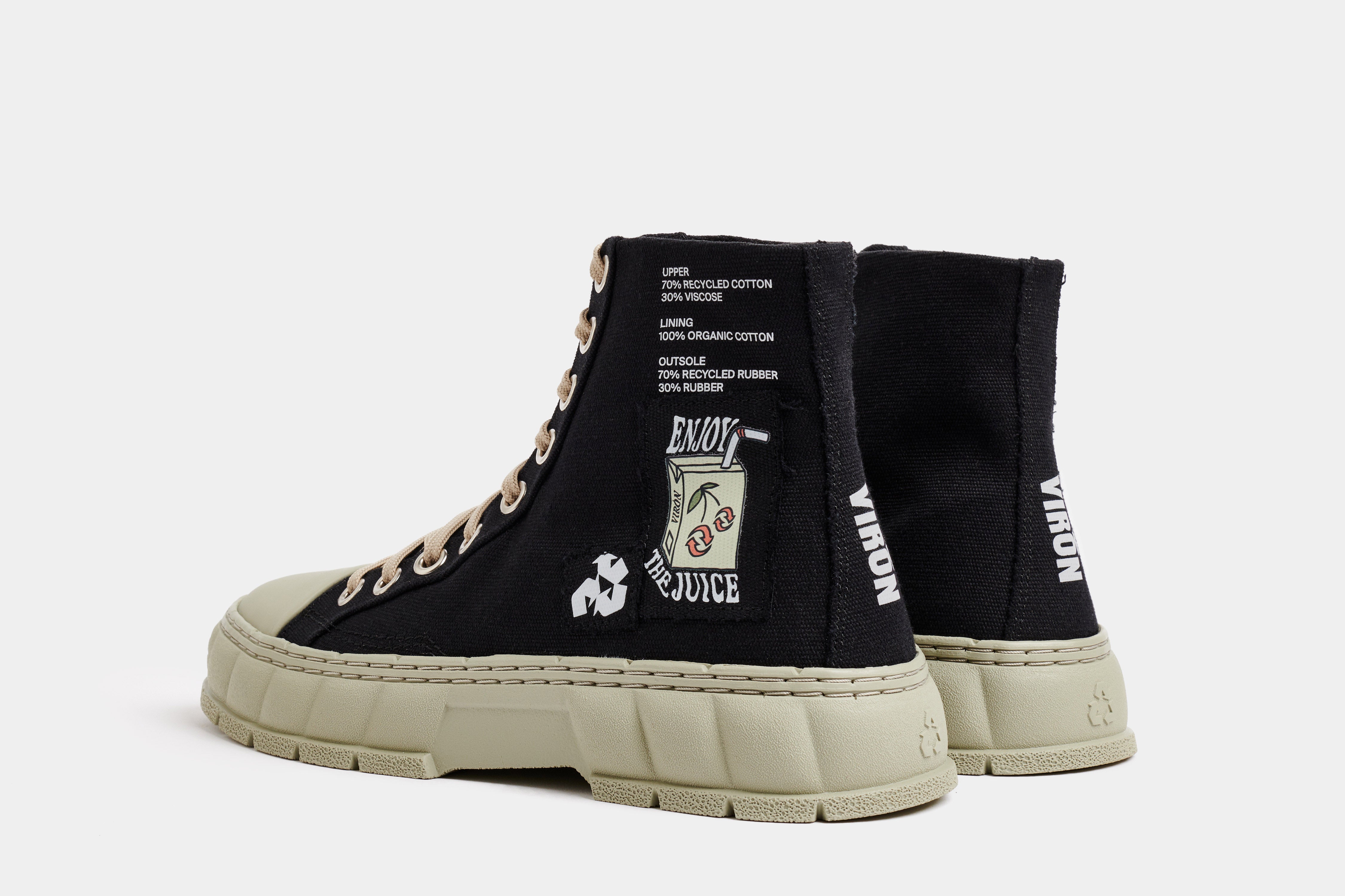 1982 Vegan high top sneaker made from recycled cotton in Black with green sole shown from the back