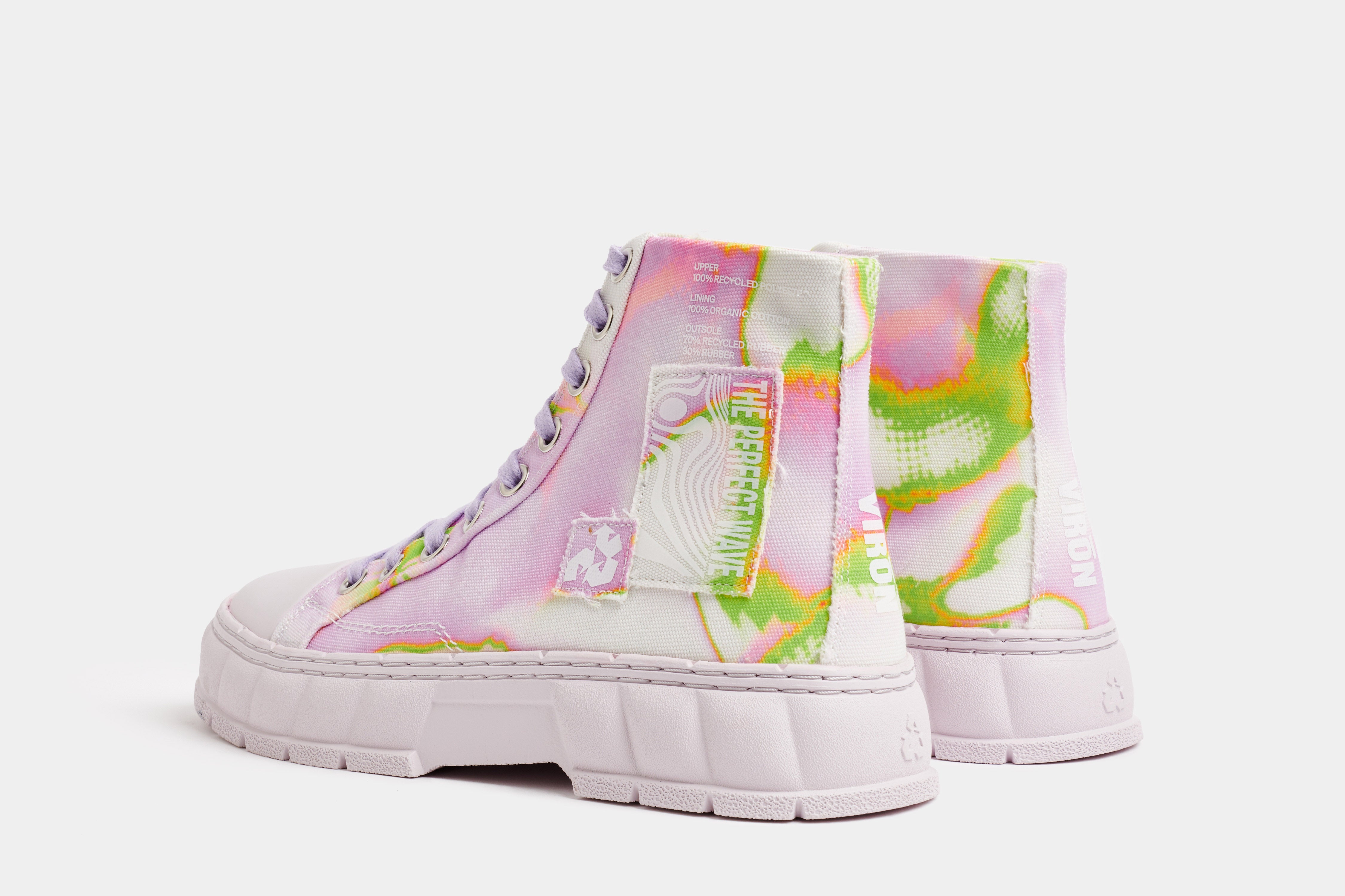 1982 Vegan high top sneaker made from recycled PET in pink green shown from the back