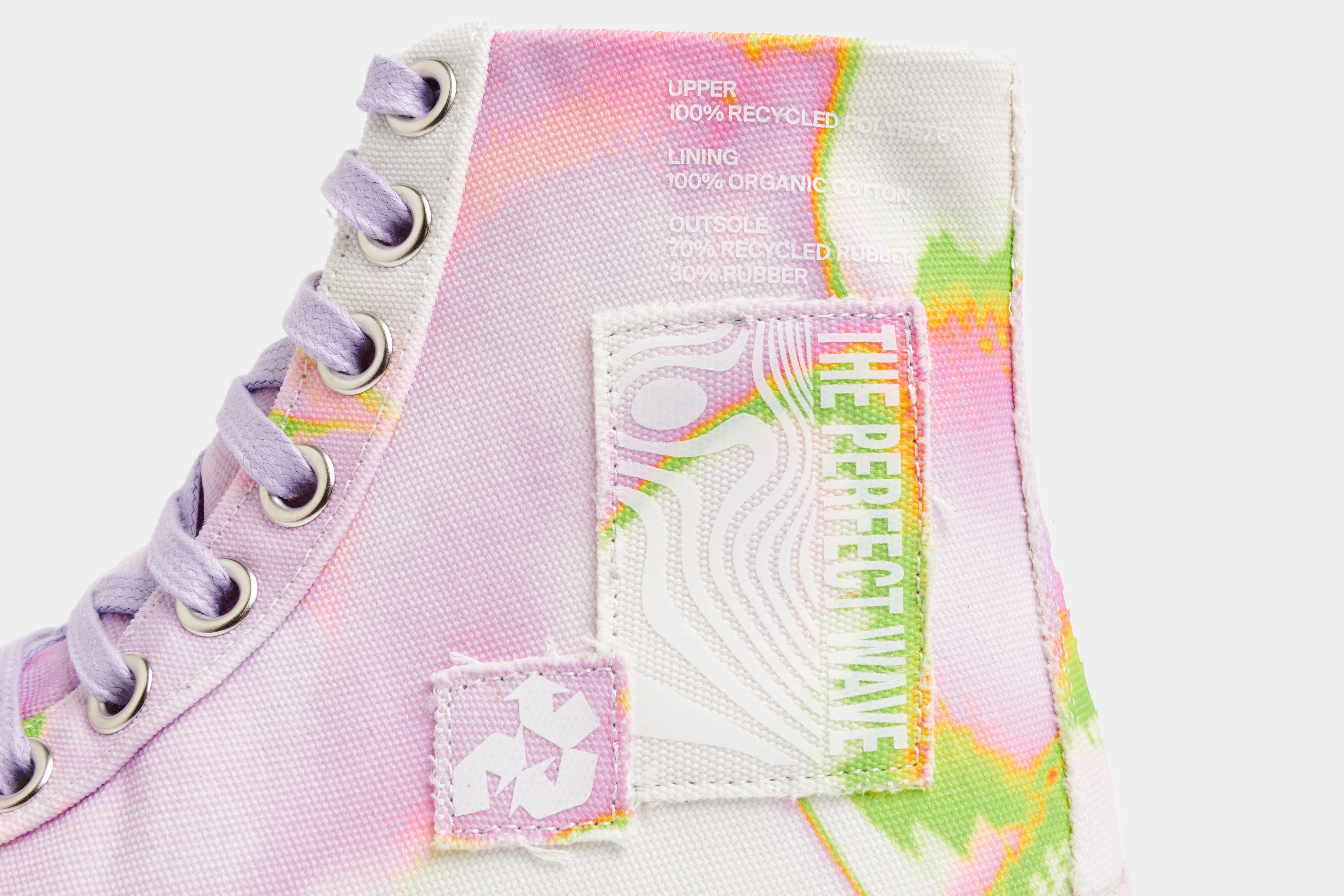 1982 Vegan high top sneaker made from recycled PET in pink green shown close up