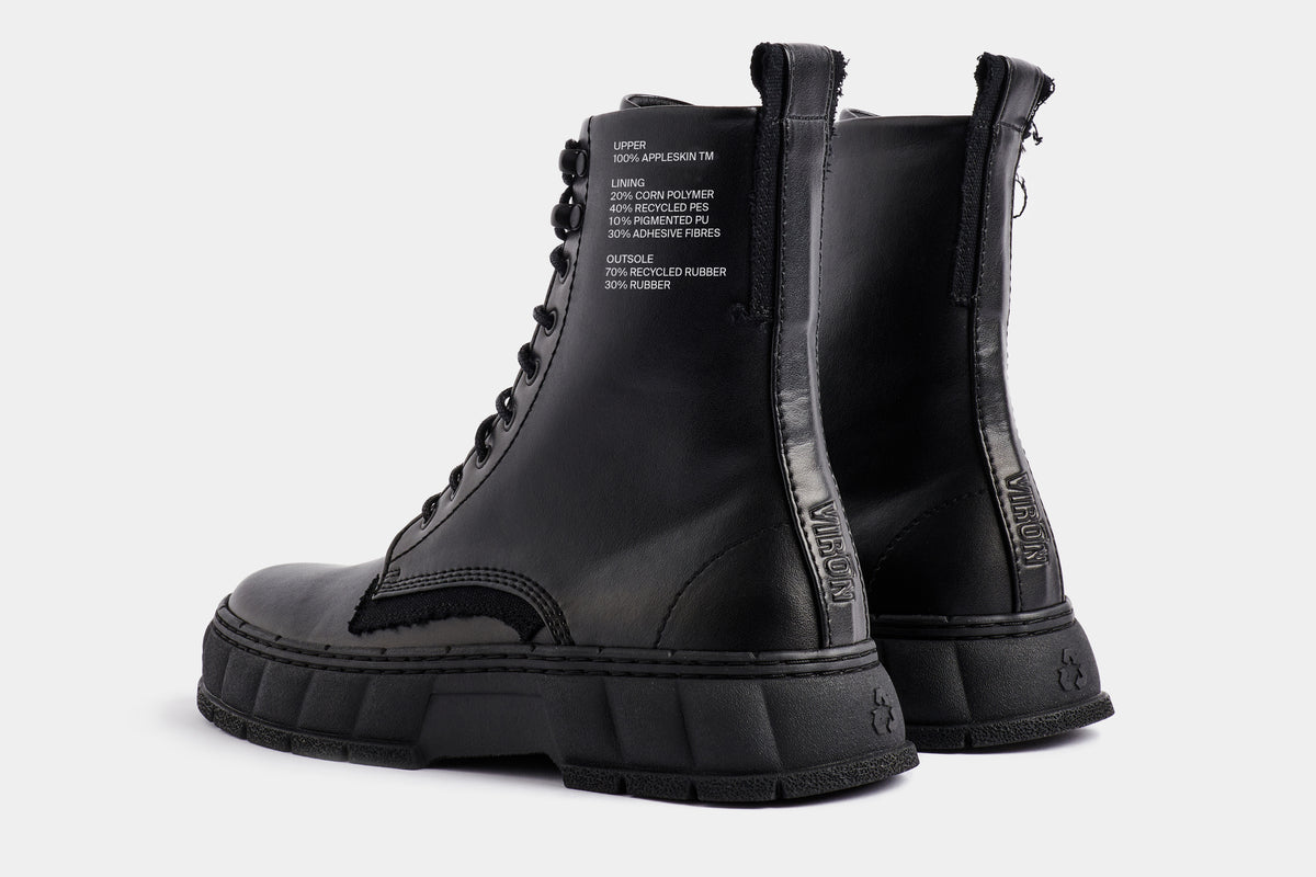1992 Vegan combat boot out of Appleskin in Black Apple shown from the back