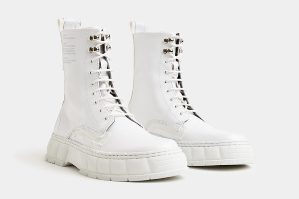 1992 Vegan combat boot made from vegan leather in white shown from the side