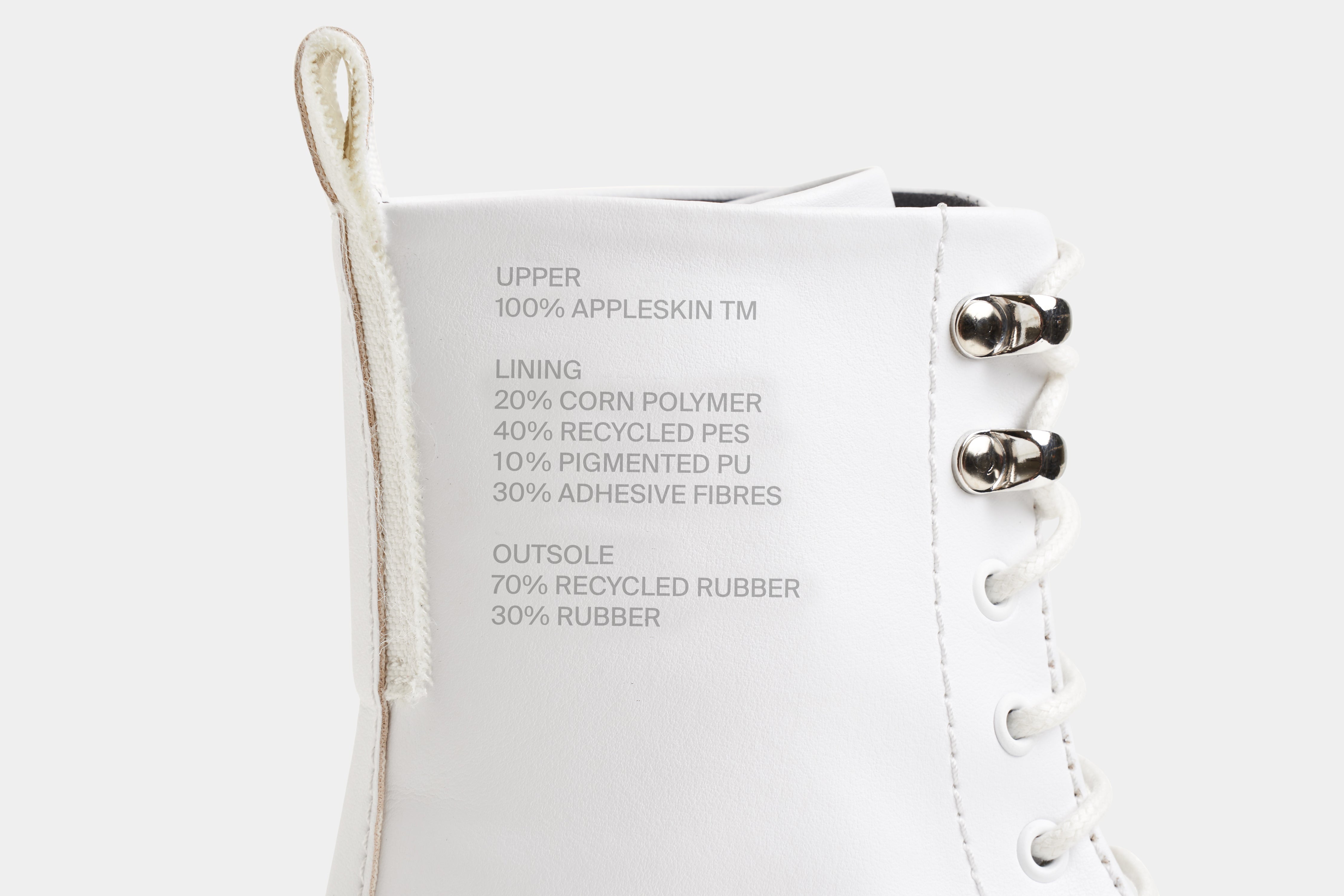 1992 Vegan combat boot out of Appleskin in white detail close-up