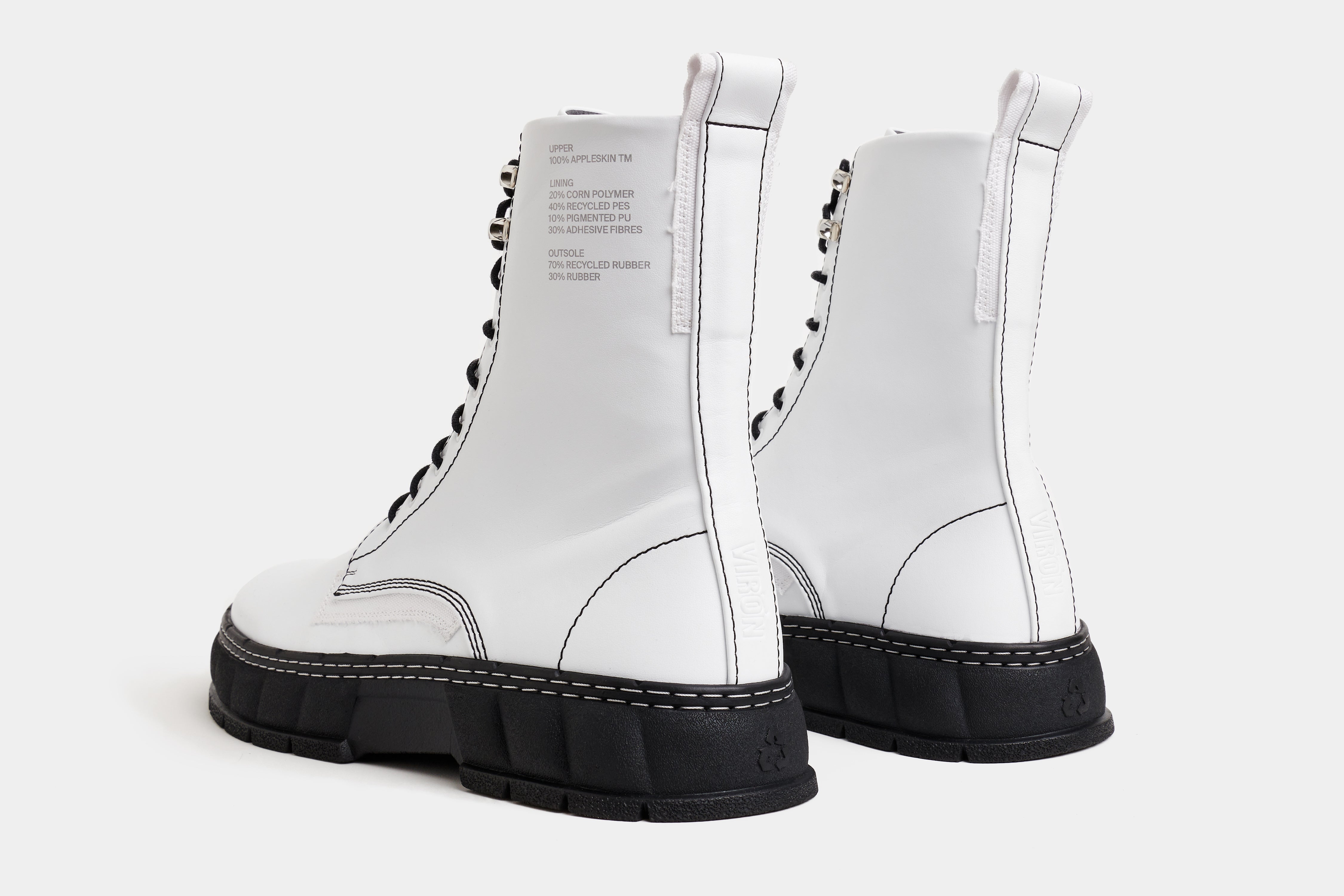 1992 Vegan combat boot out of Appleskin in white with black sole shown from the back