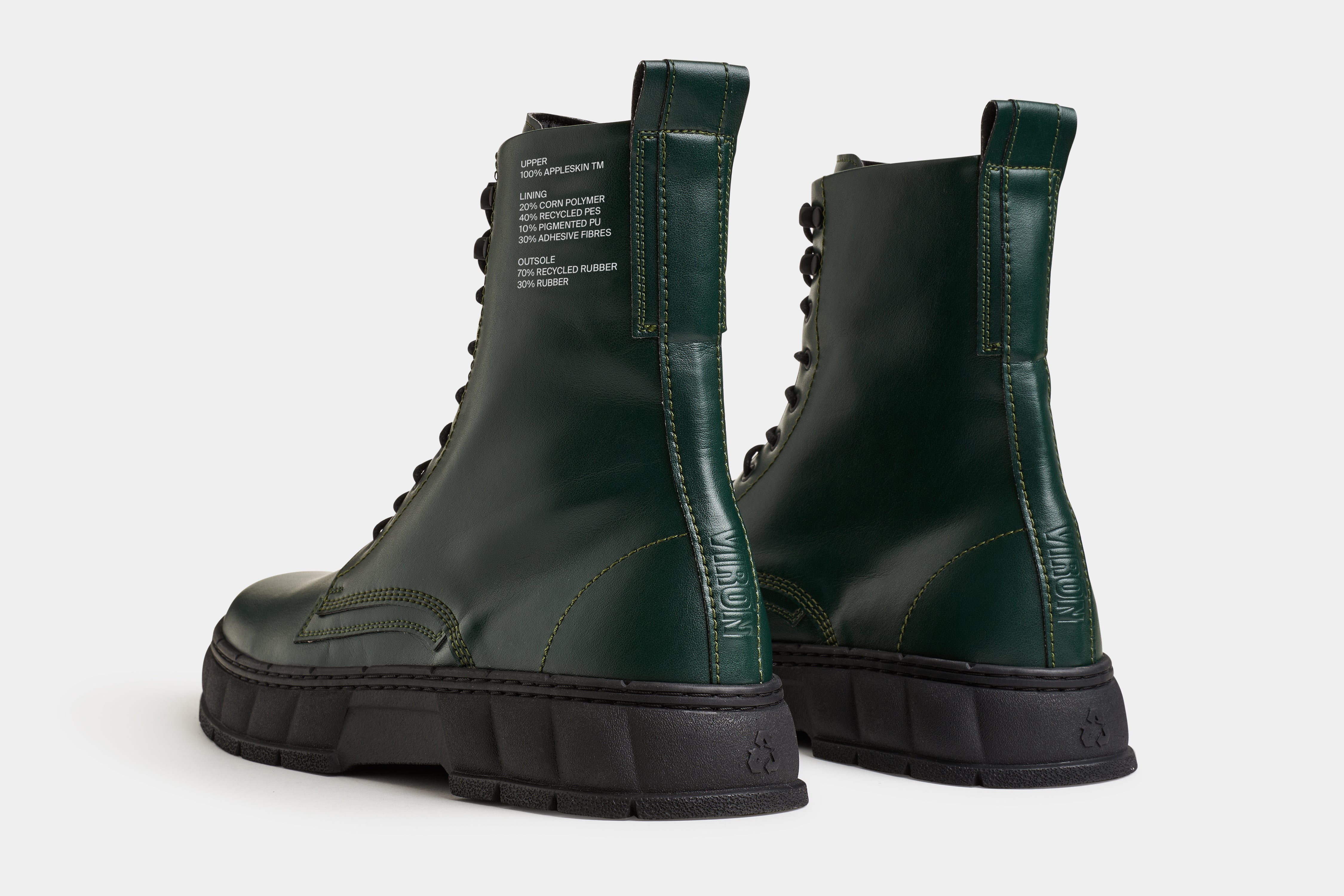 1992 Vegan combat boot out of Appleskin in Forest Apple shown from the back