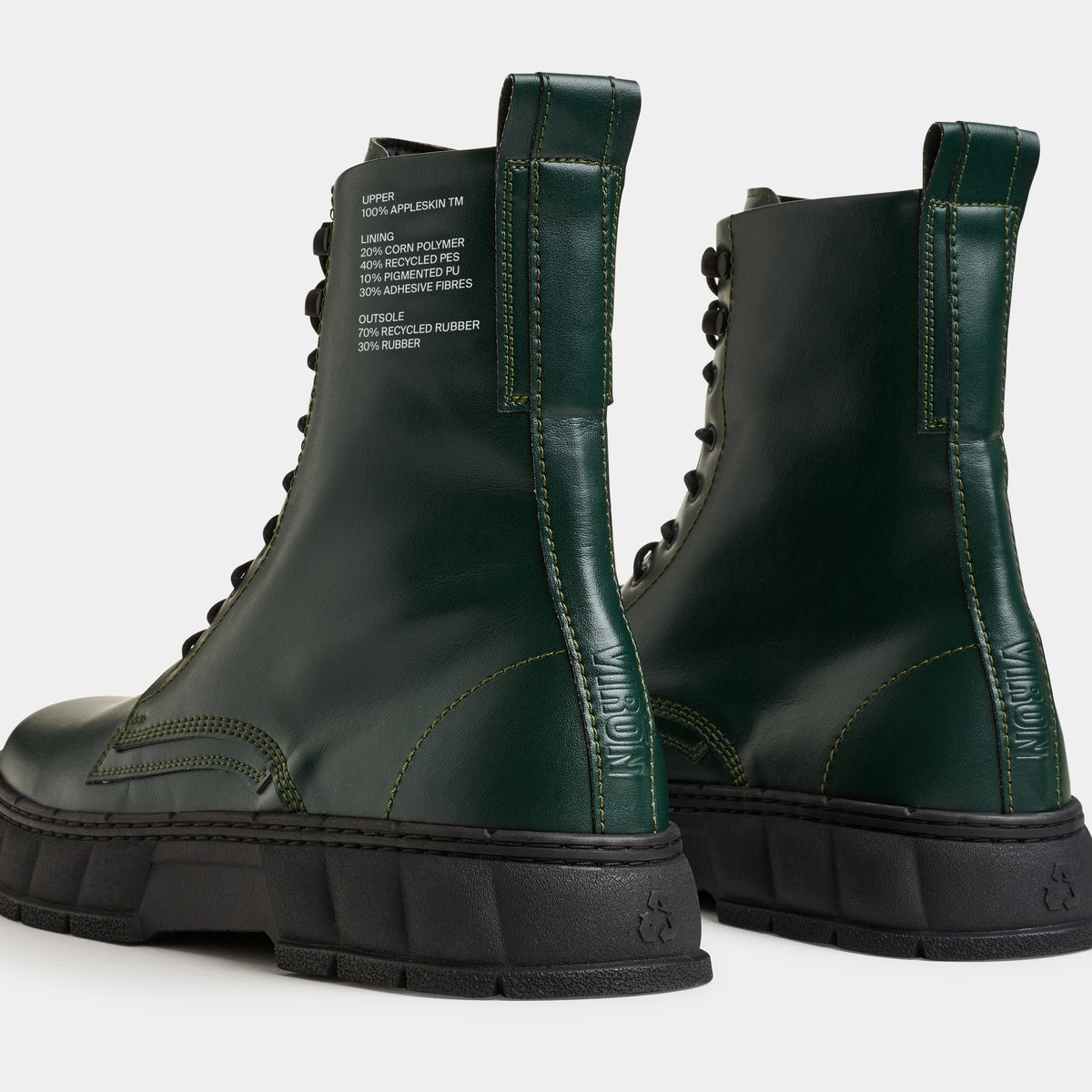 1992 Vegan combat boot out of Appleskin in Forest Apple shown from the back