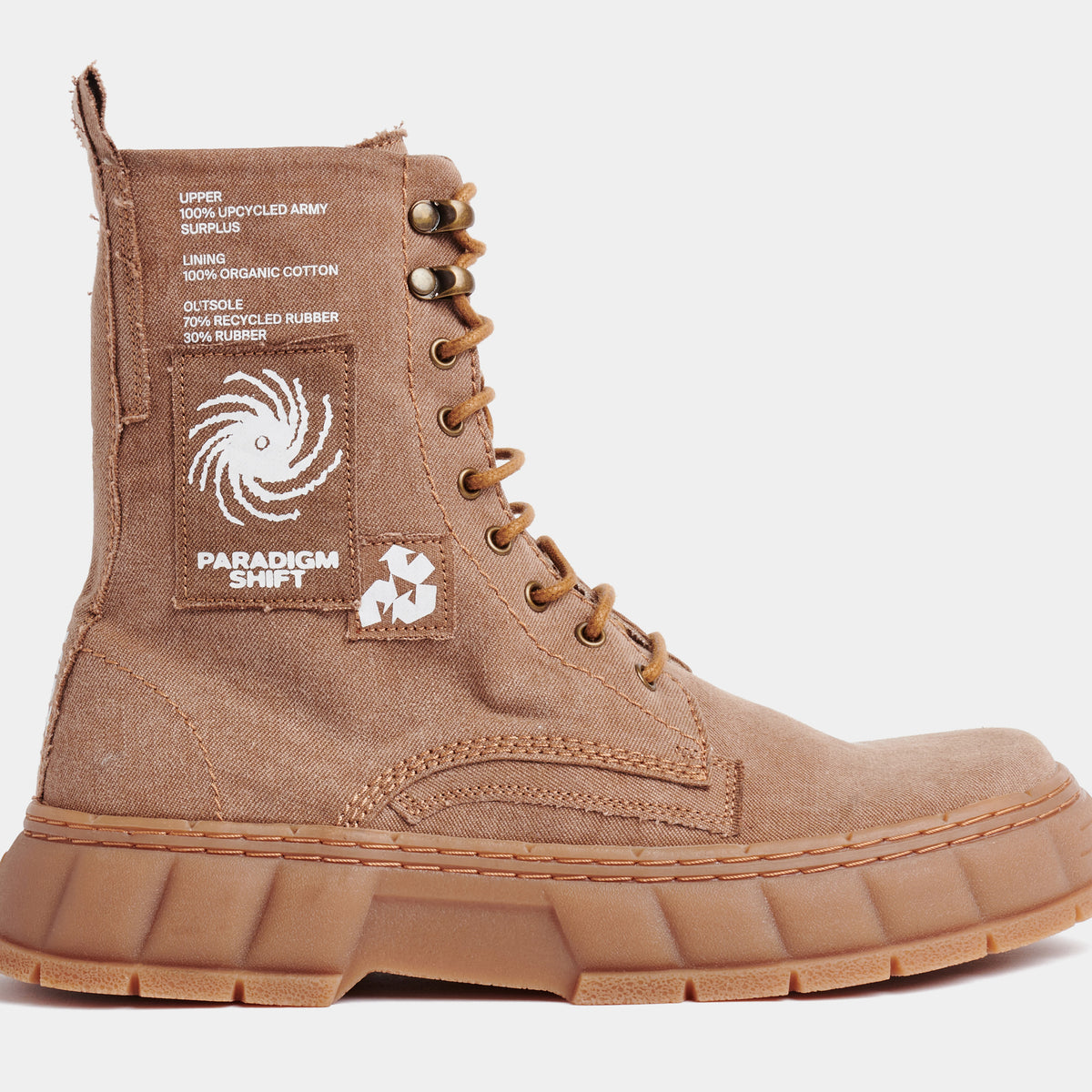 1992 Vegan combat boot out of recycled surplus army tents in beige shown from the side