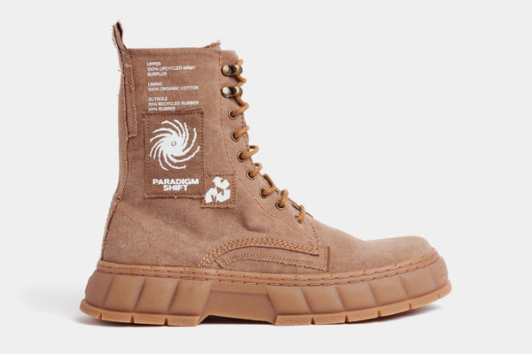1992 Vegan combat boot out of recycled surplus army tents in beige shown from the side