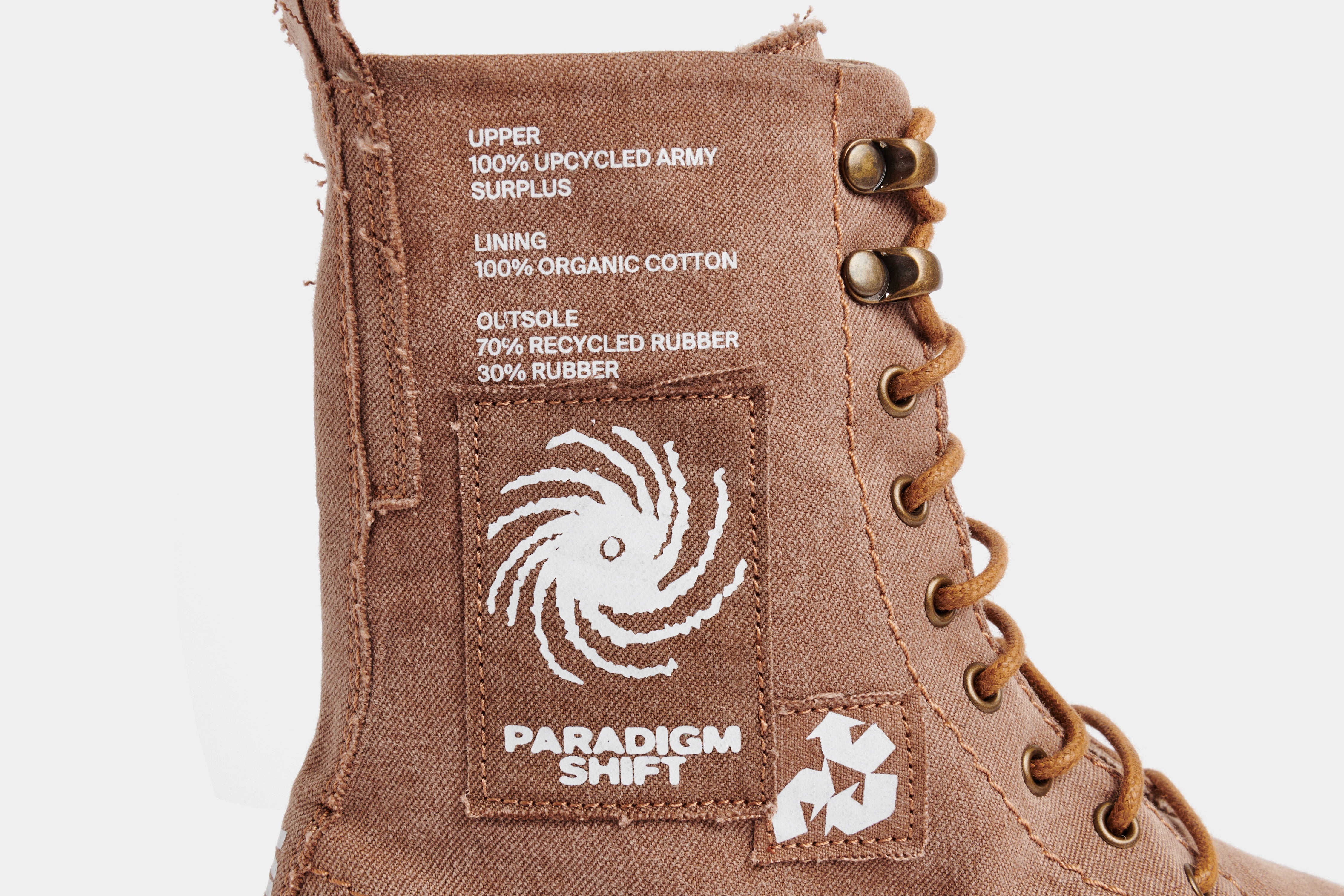 1992 Vegan combat boot out of recycled surplus army tents in beige detail close-up