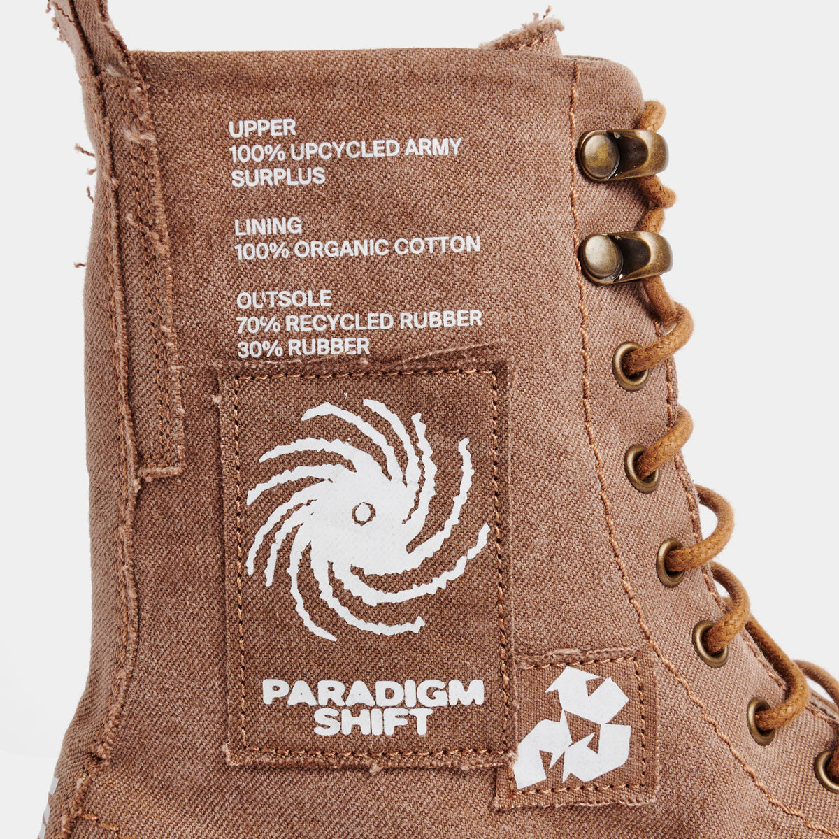 1992 Vegan combat boot out of recycled surplus army tents in beige detail close-up