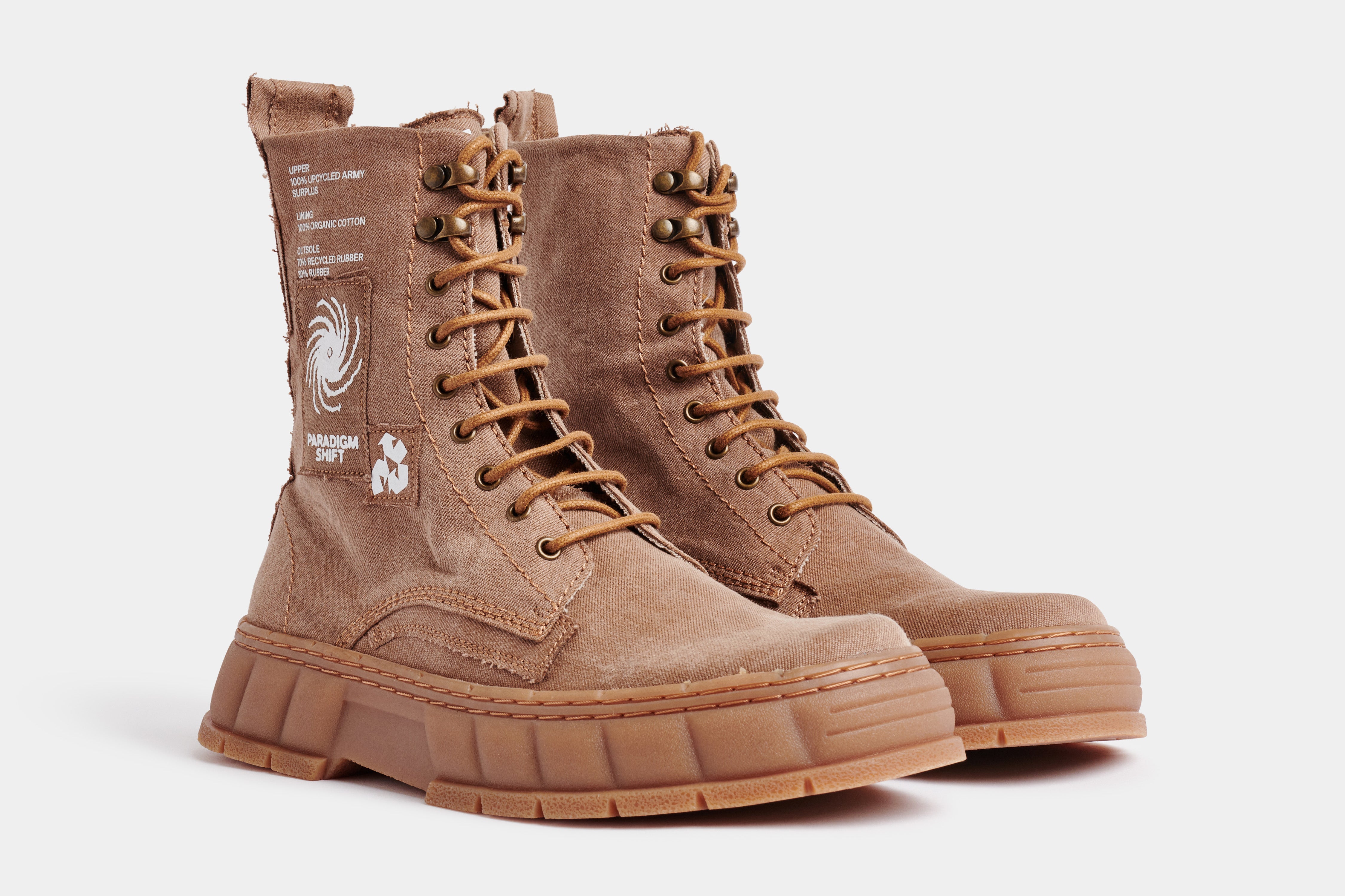 1992 Vegan combat boot out of recycled surplus army tents in beige shown from the front