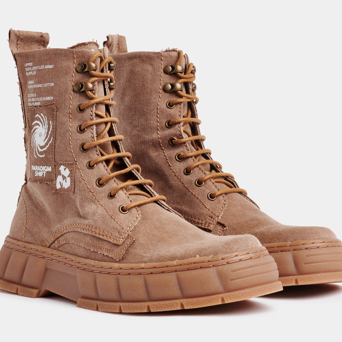 1992 Vegan combat boot out of recycled surplus army tents in beige shown from the front