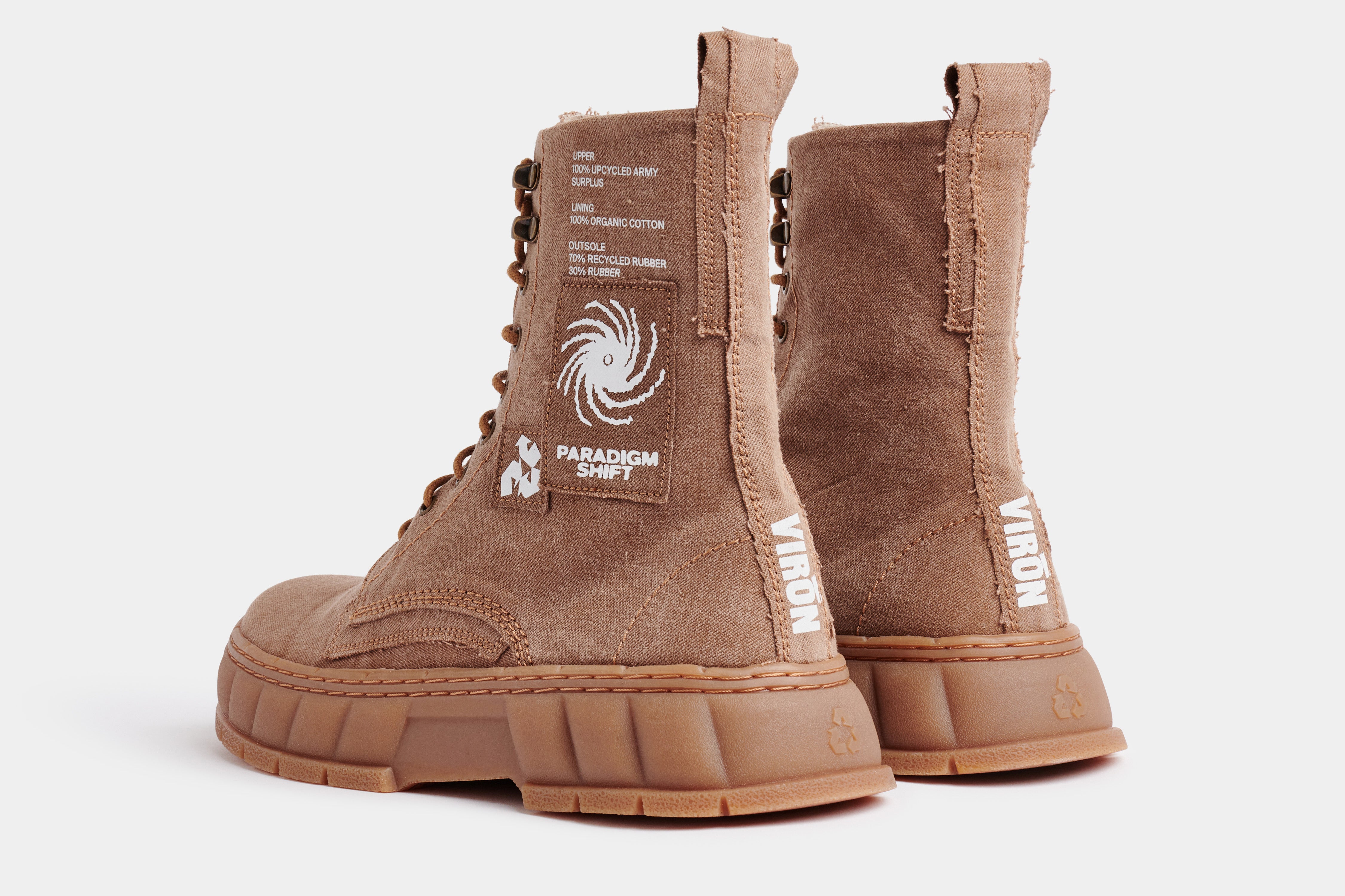 1992 Vegan combat boot out of recycled surplus army tents in beige shown from the back