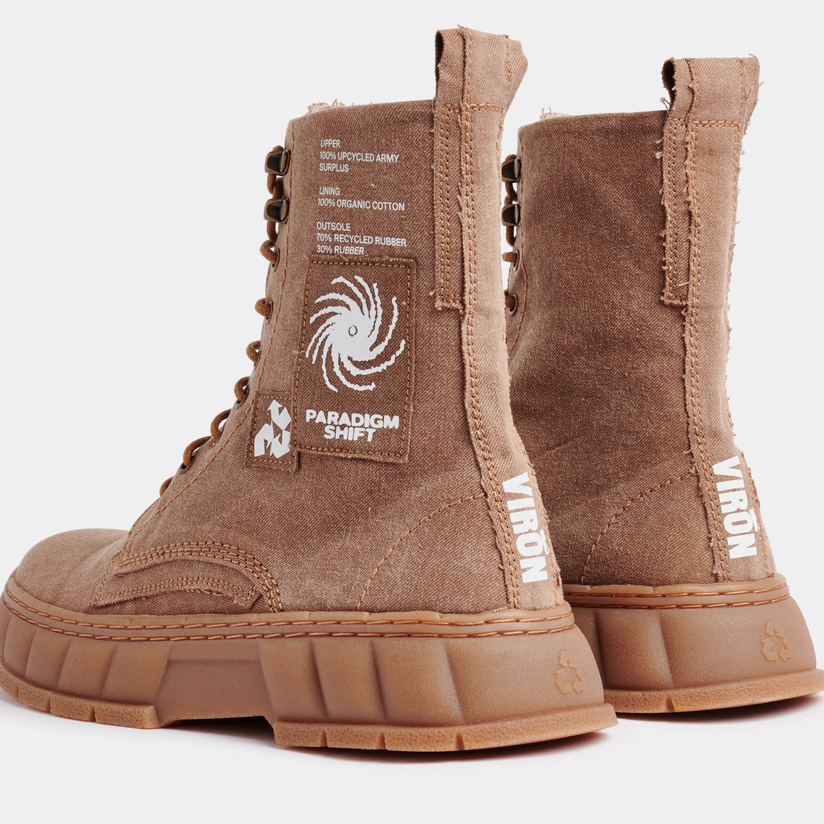 1992 Vegan combat boot out of recycled surplus army tents in beige shown from the back