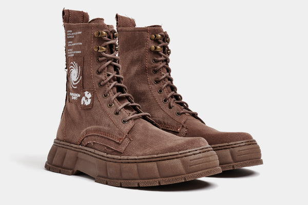 1992 Vegan combat boot out of recycled surplus army tents in brown shown from the side