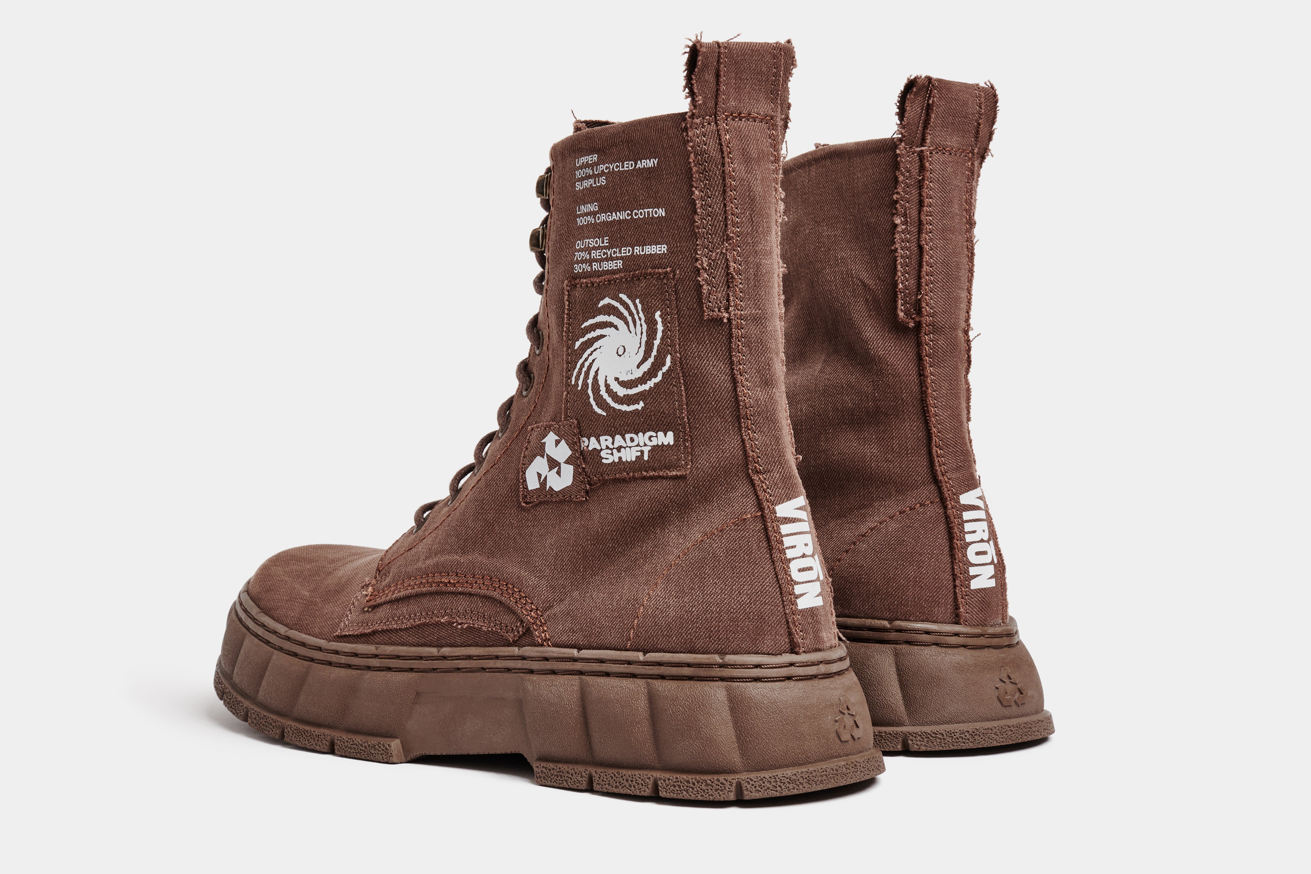 1992 Vegan combat boot out of recycled surplus army tents in brown shown from the back