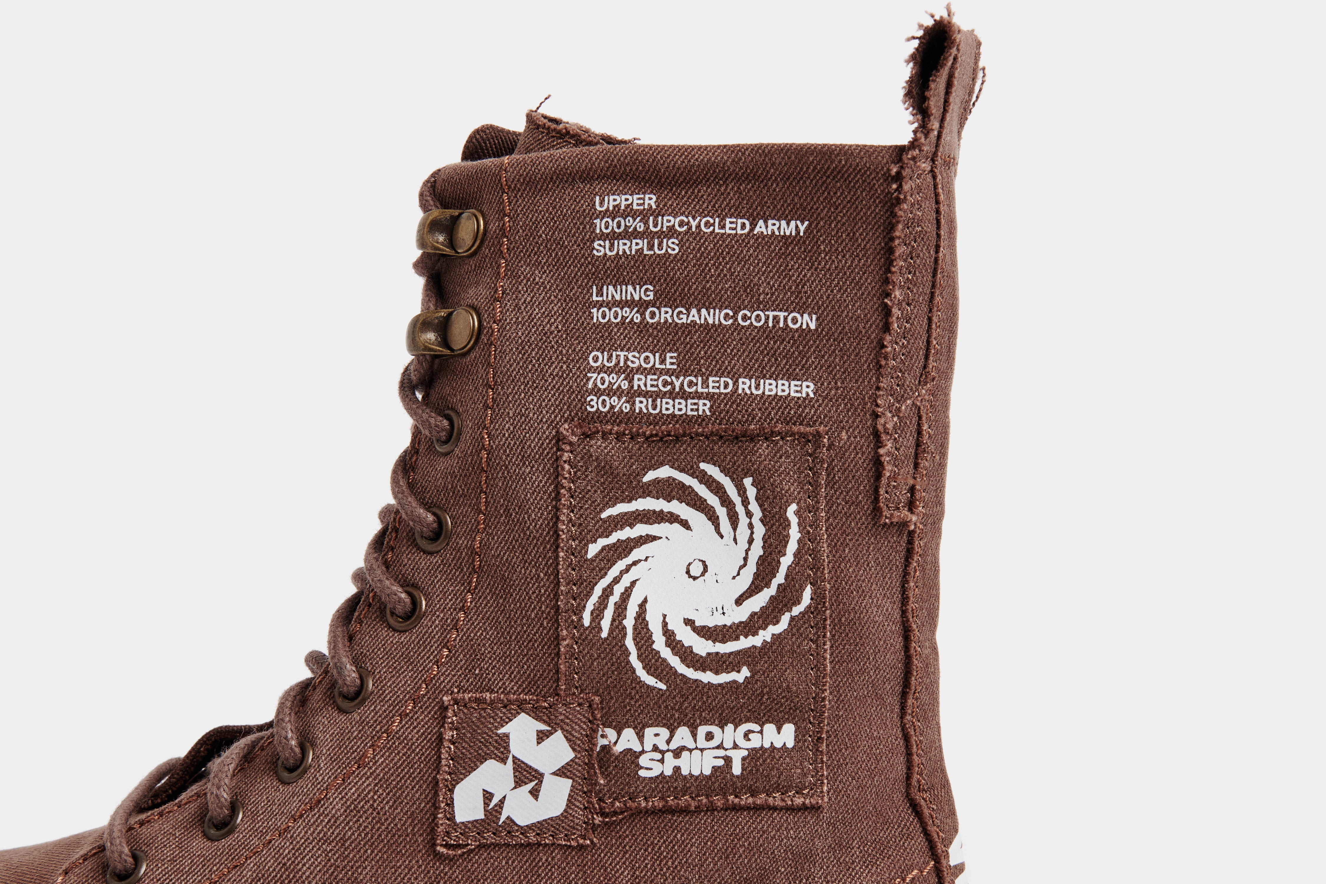 1992 Vegan combat boot out of recycled surplus army tents in brown detail close-up