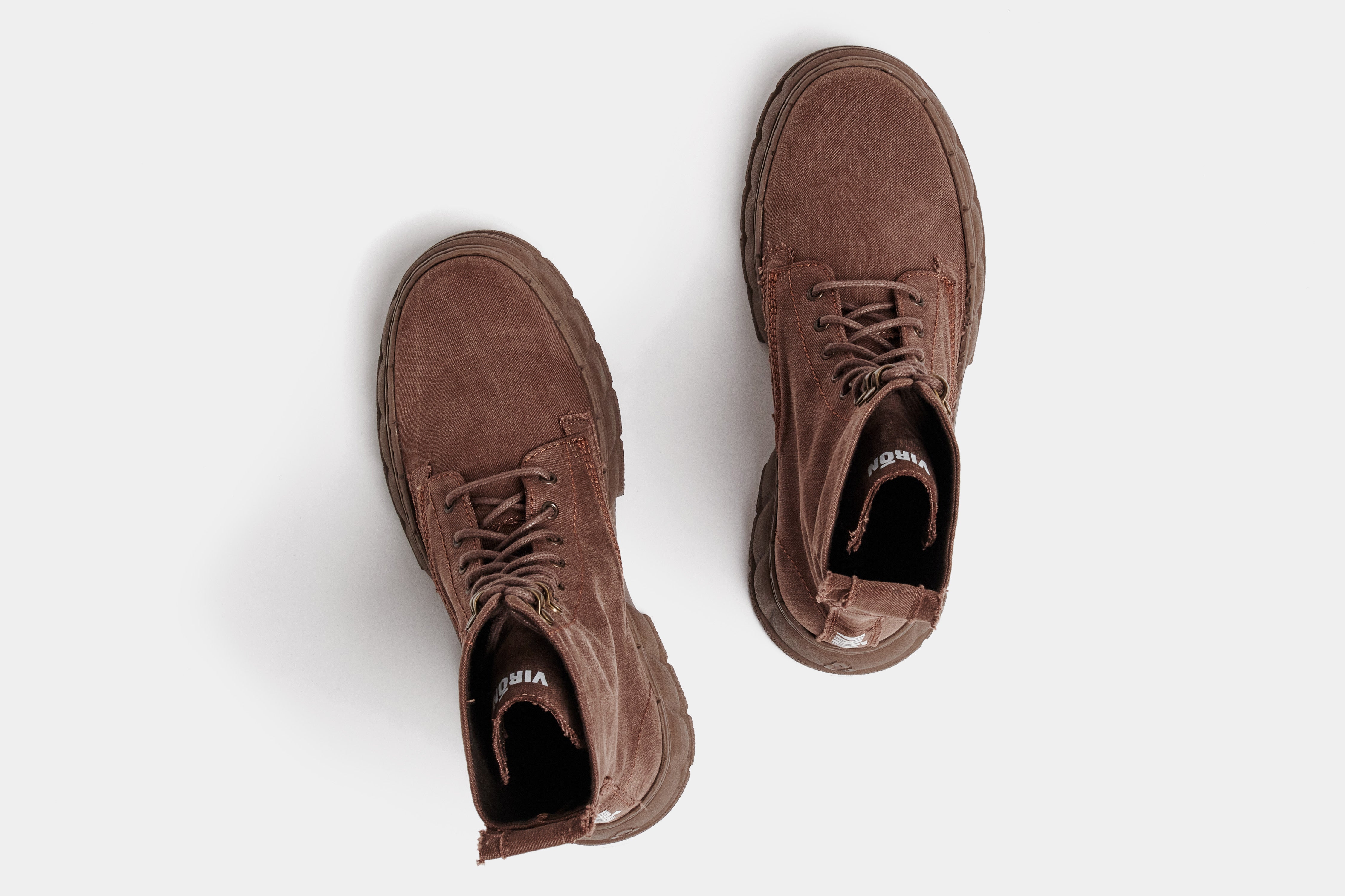 1992 Vegan combat boot out of recycled surplus army tents in brown shown from the top