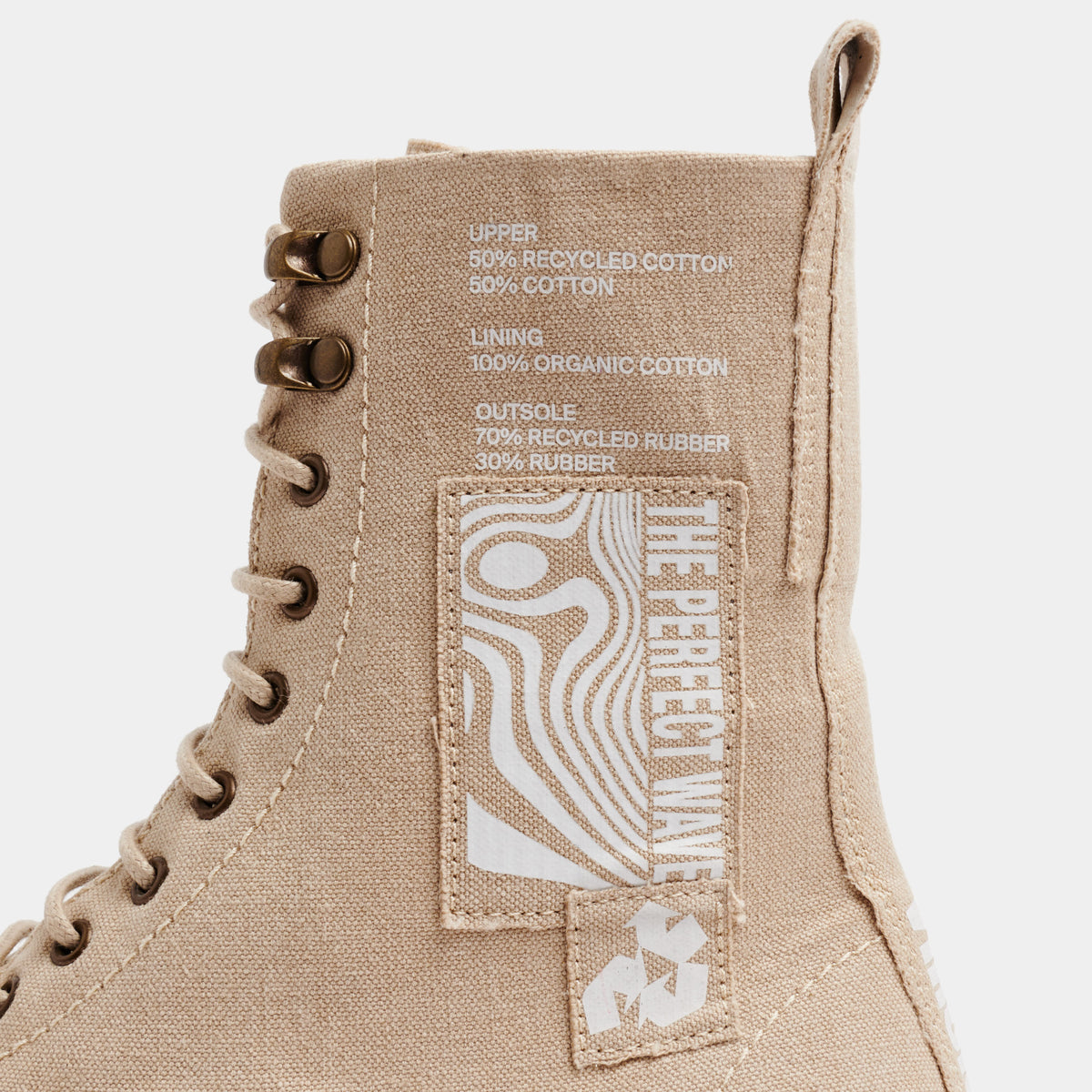 1992 Vegan combat boot out of recycled surplus army tents in sand detail close-up