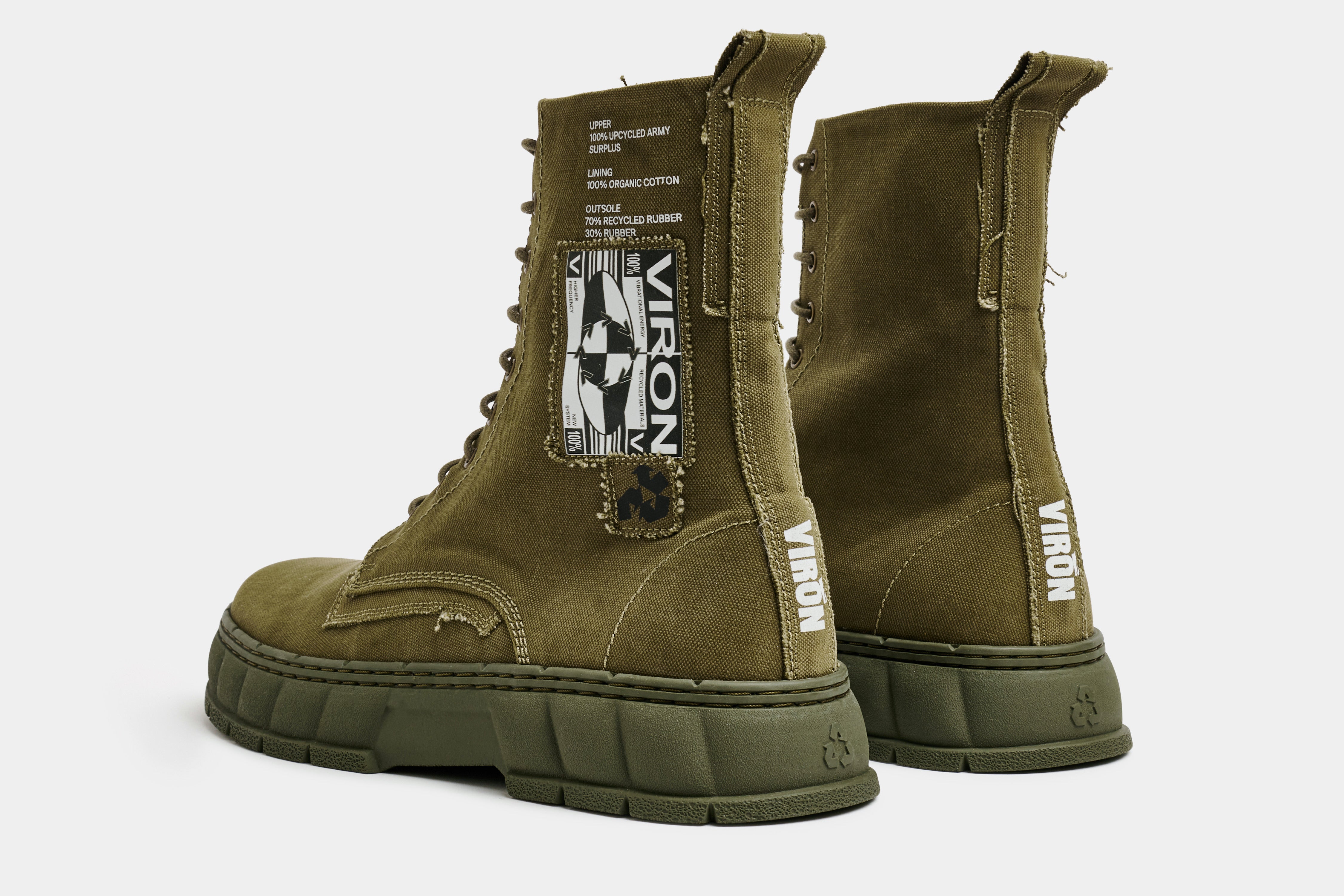 1992 Vegan combat boot out of recycled surplus army tents in khaki shown from the back