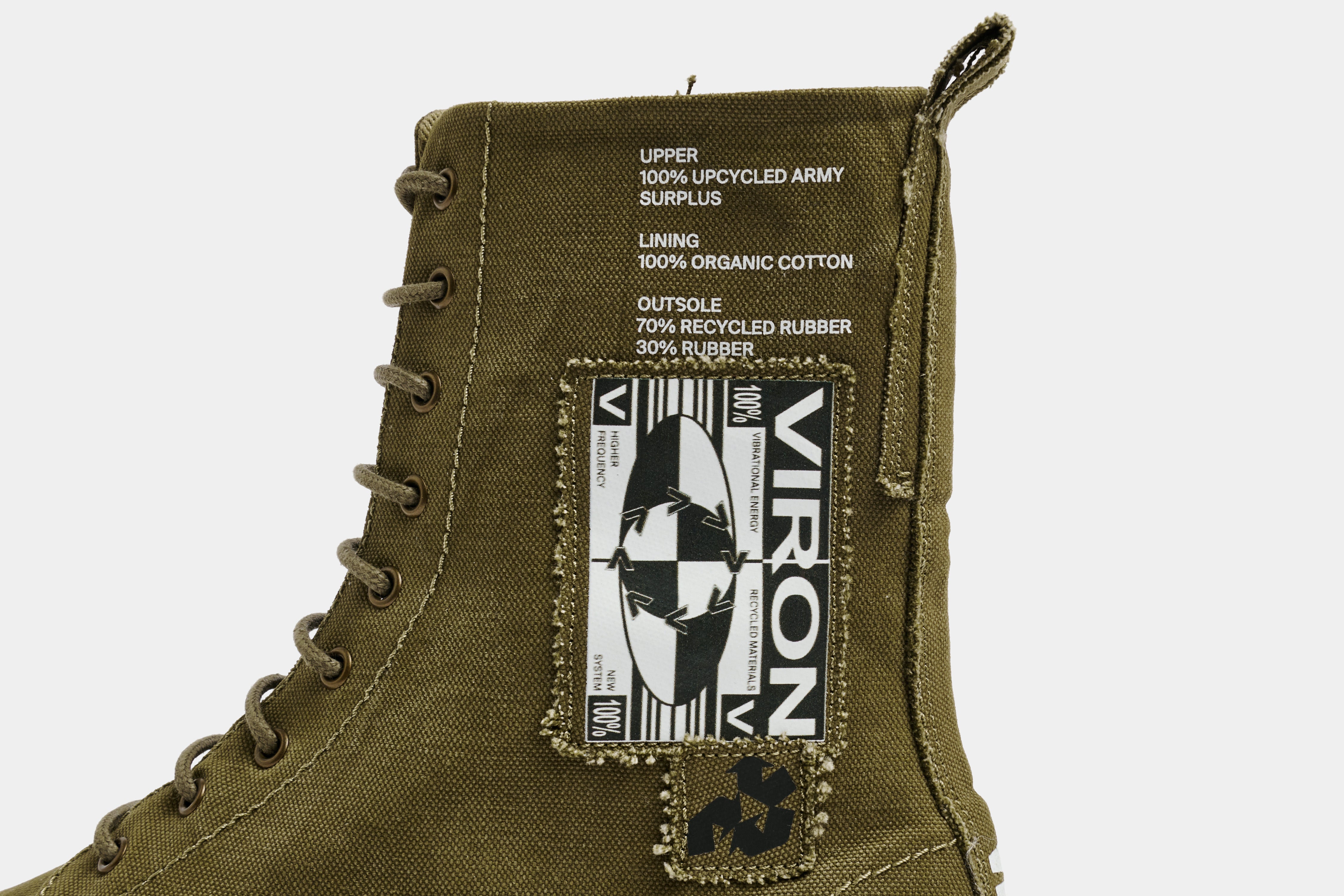 1992 Vegan combat boot out of recycled surplus army tents in khaki detail close-up