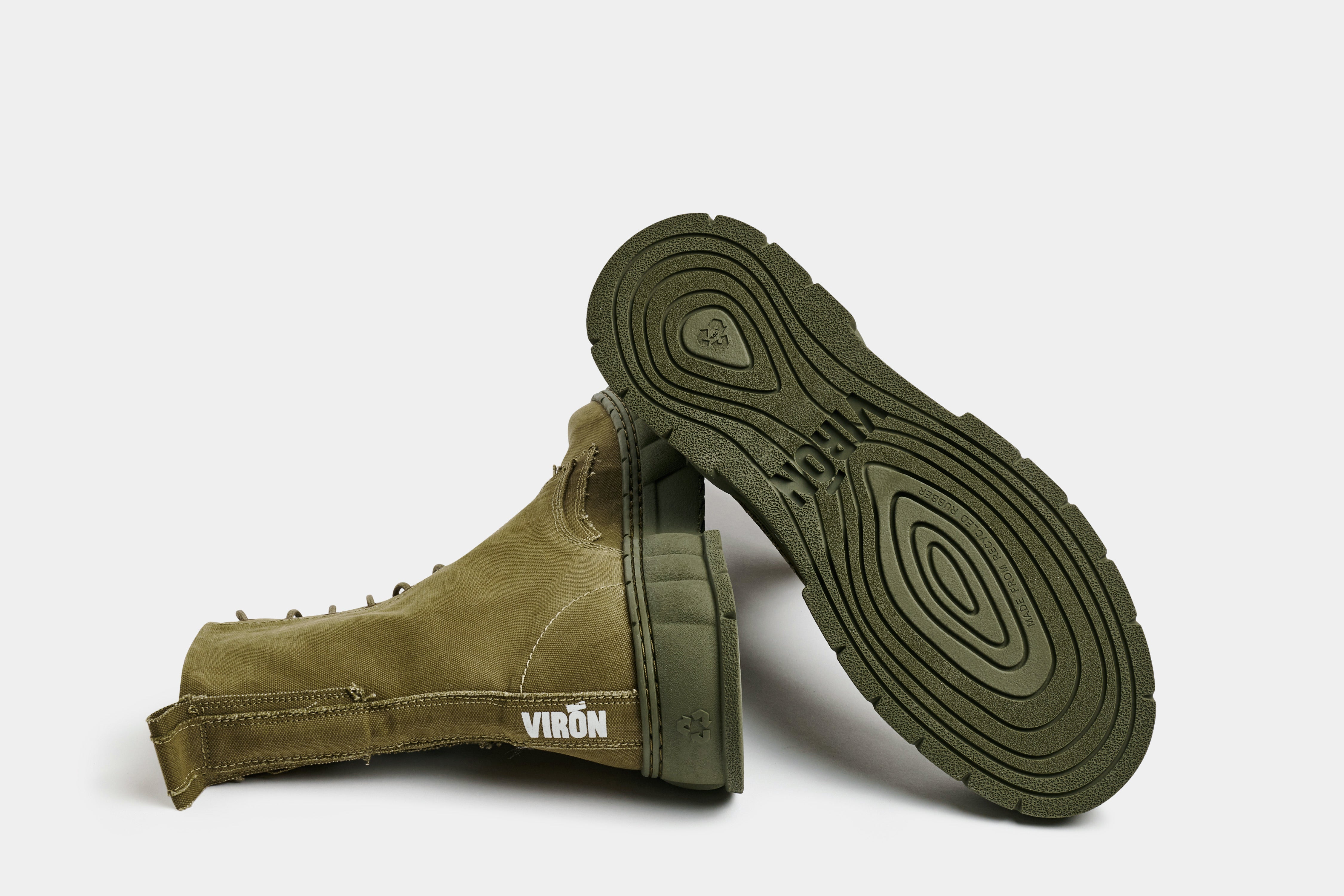 1992 Vegan combat boot out of recycled surplus army tents in khaki shown from the bottom