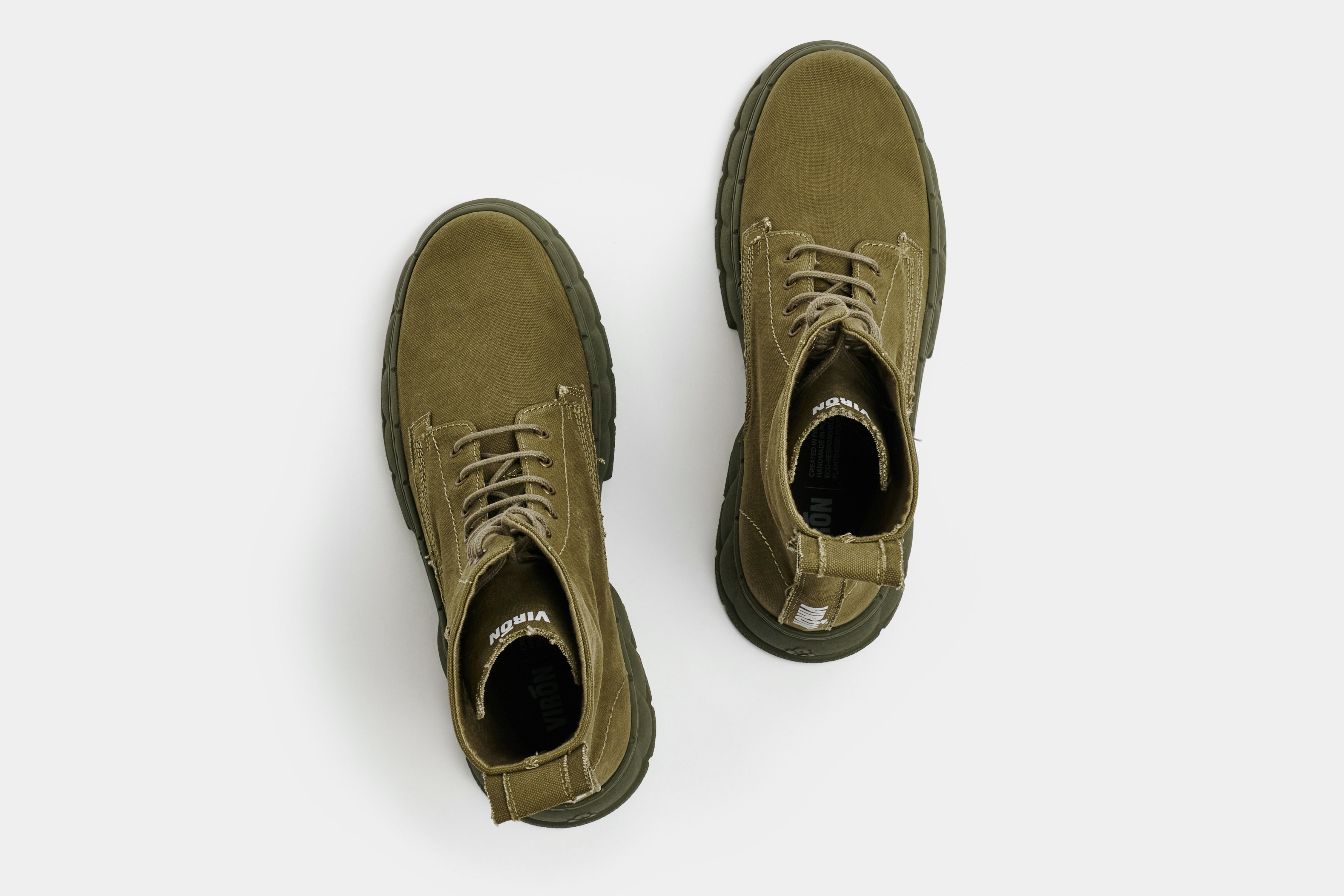 1992 Vegan combat boot out of recycled surplus army tents in khaki shown from the top