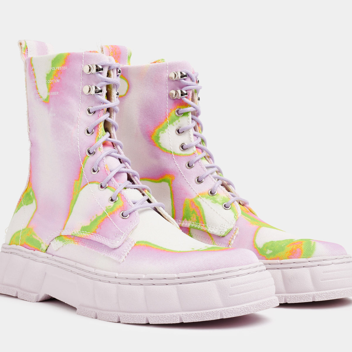 1992 Vegan combat boot made from recycled PET in pink and green shown from the front