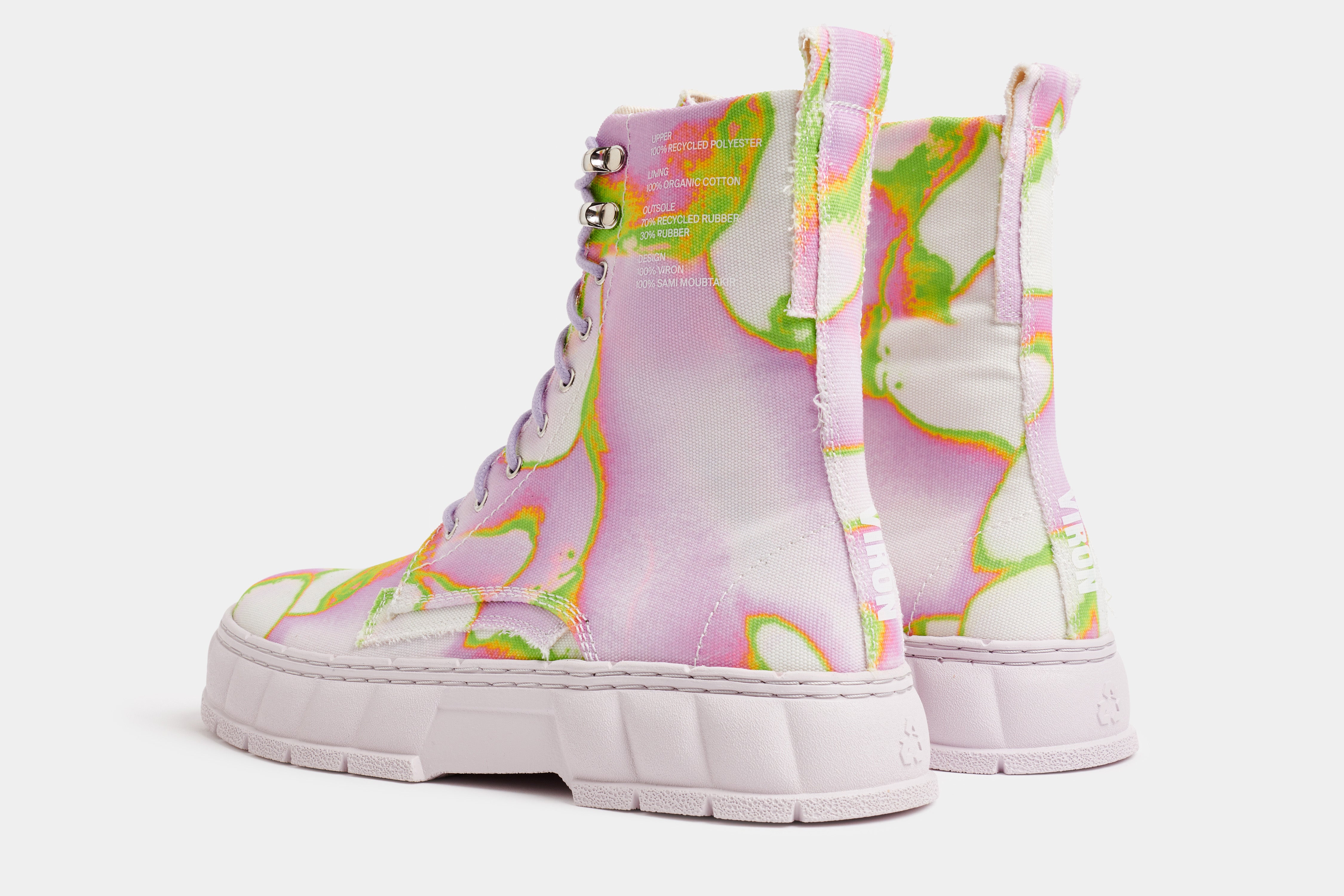 1992 Vegan combat boot made from recycled PET in pink and green shown from the back