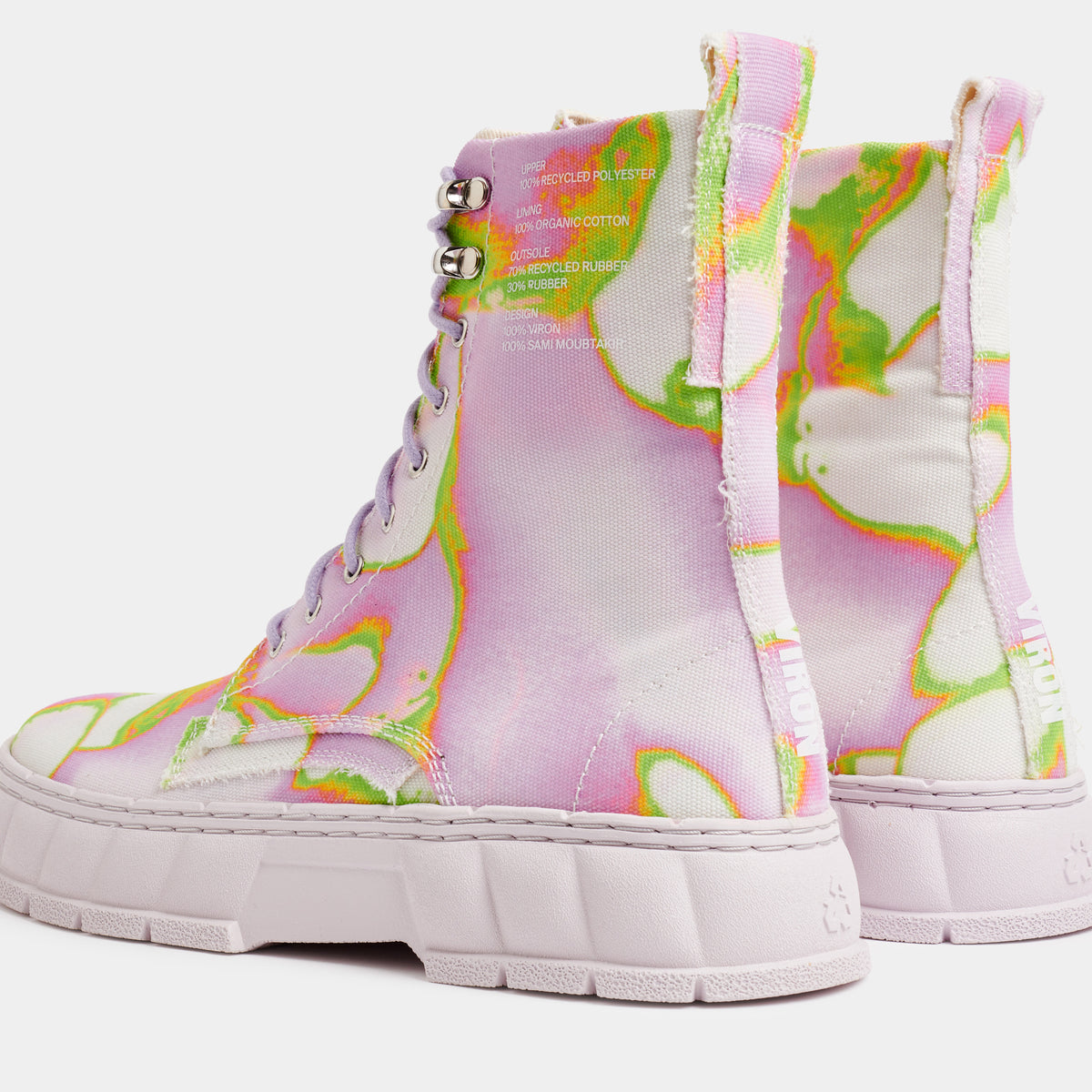 1992 Vegan combat boot made from recycled PET in pink and green shown from the back