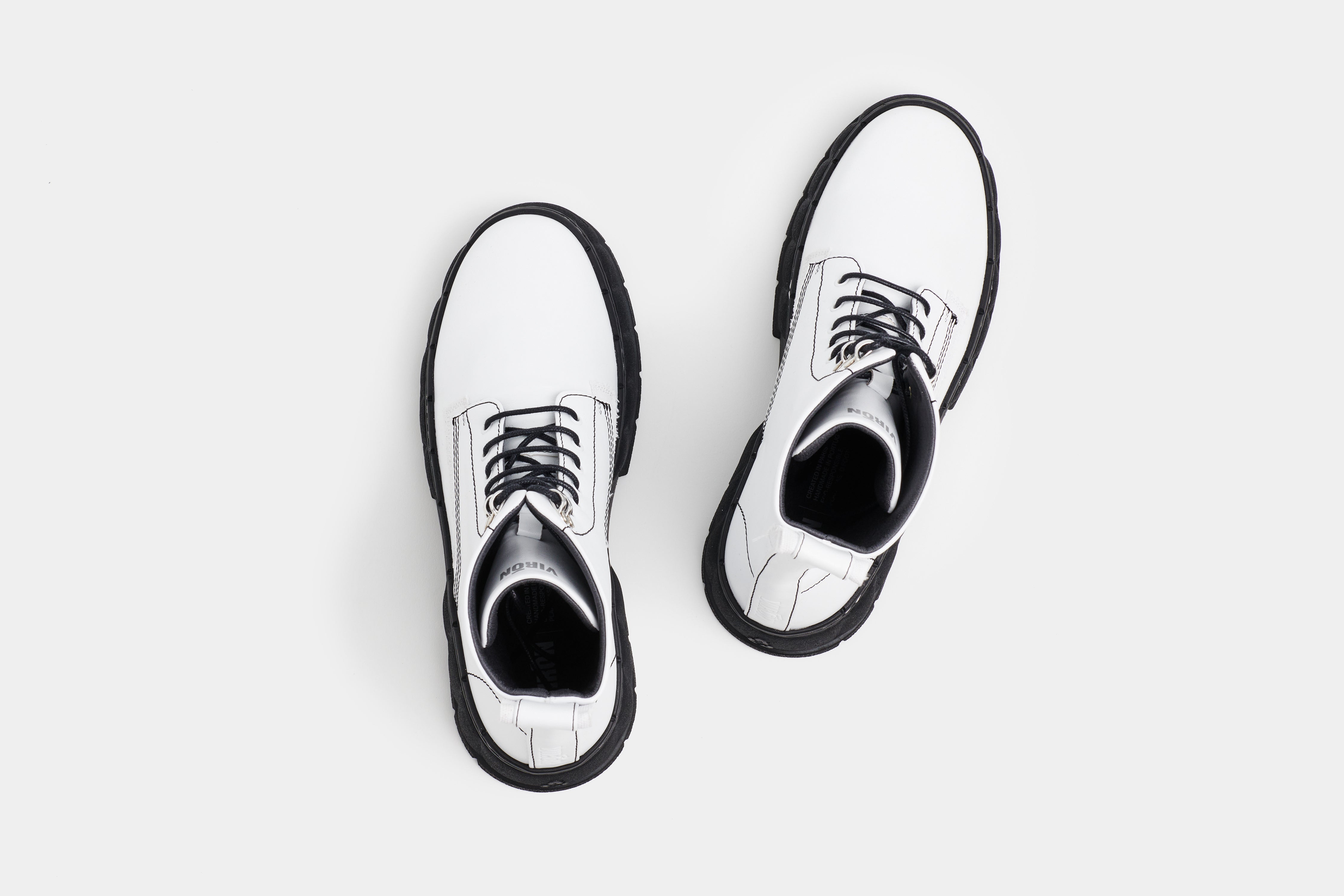 1992 Vegan combat boot out of Appleskin in white with black sole shown from the top