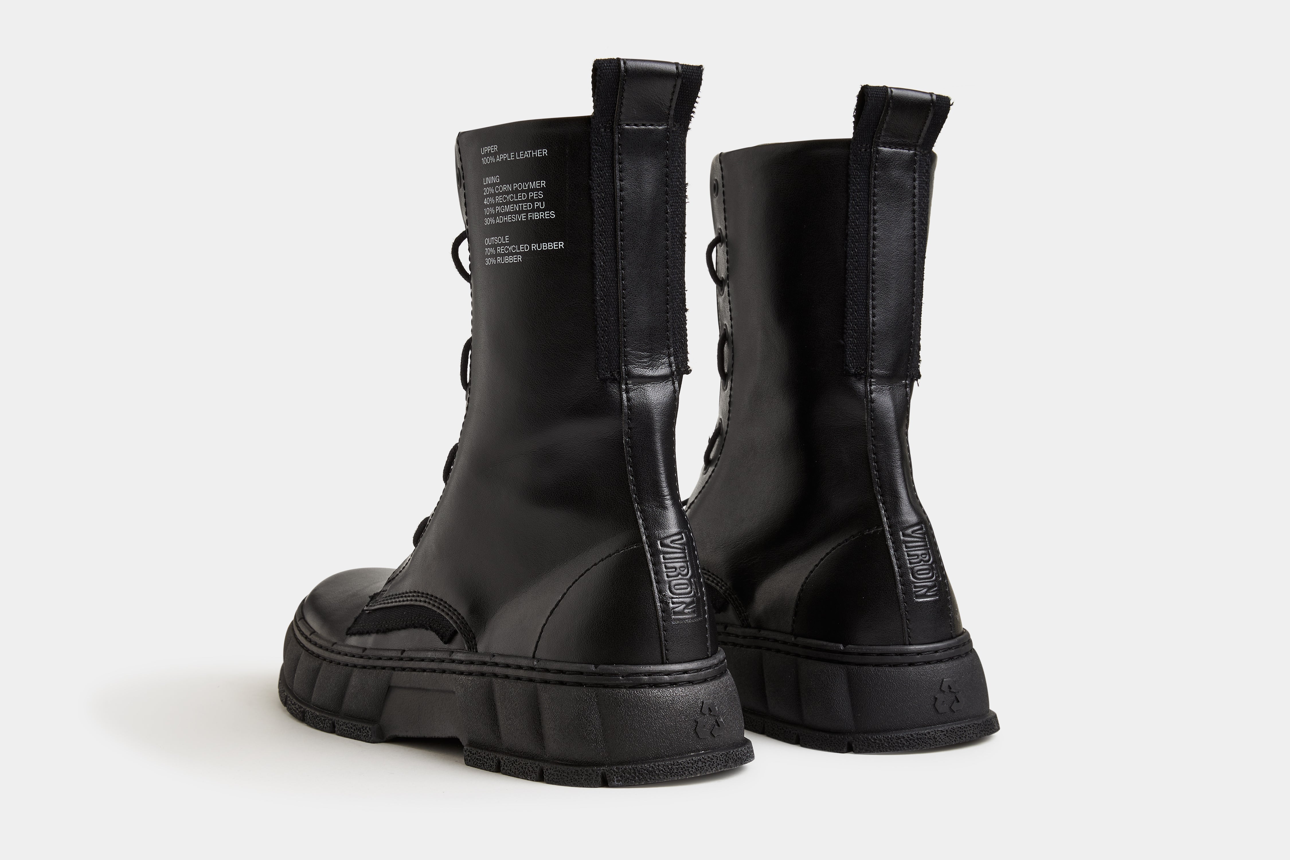 1992 Vegan combat boot with zipper made from vegan leather in Black Apple shown from the back