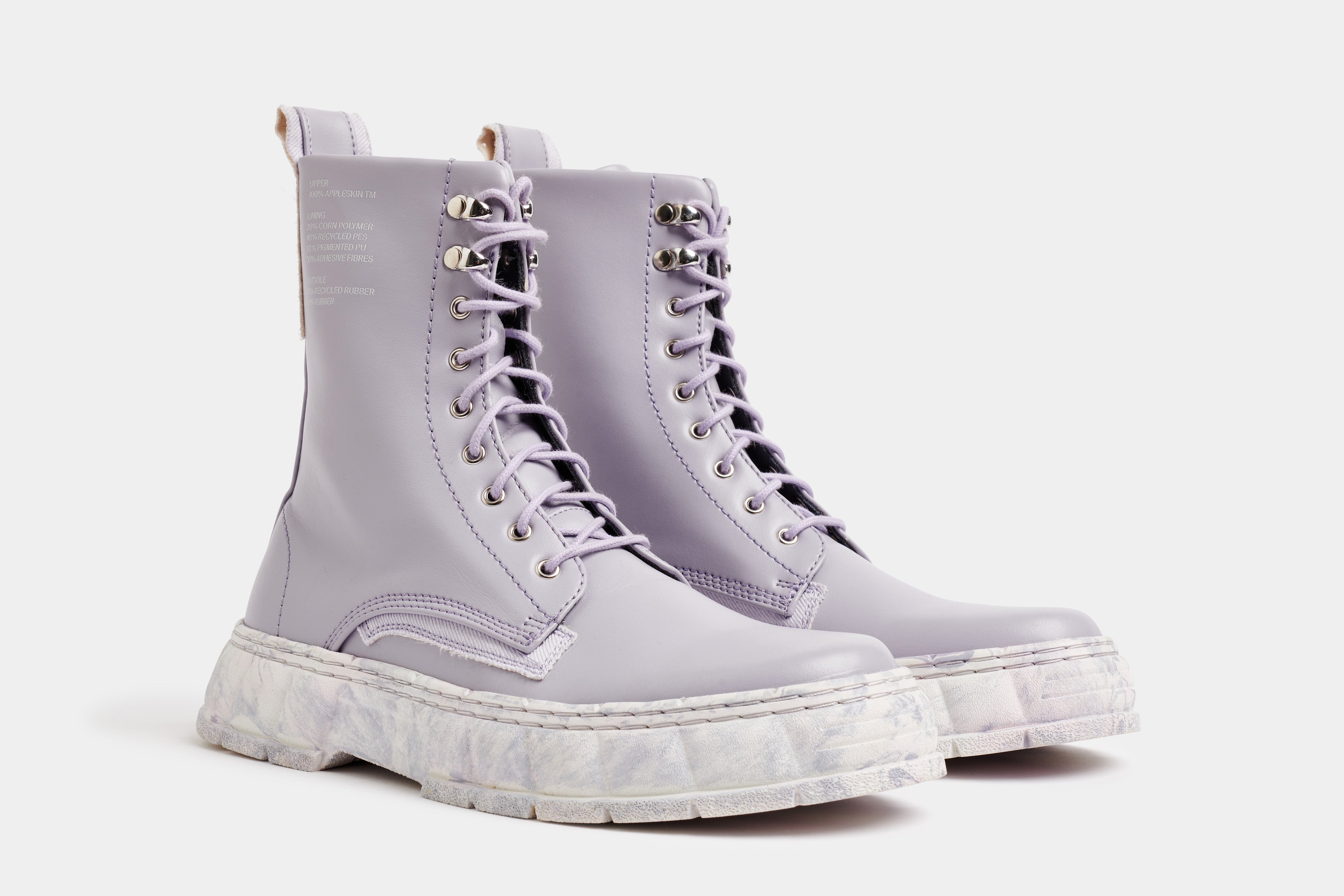 1992 Vegan combat boot out of Appleskin in light purple shown from the front