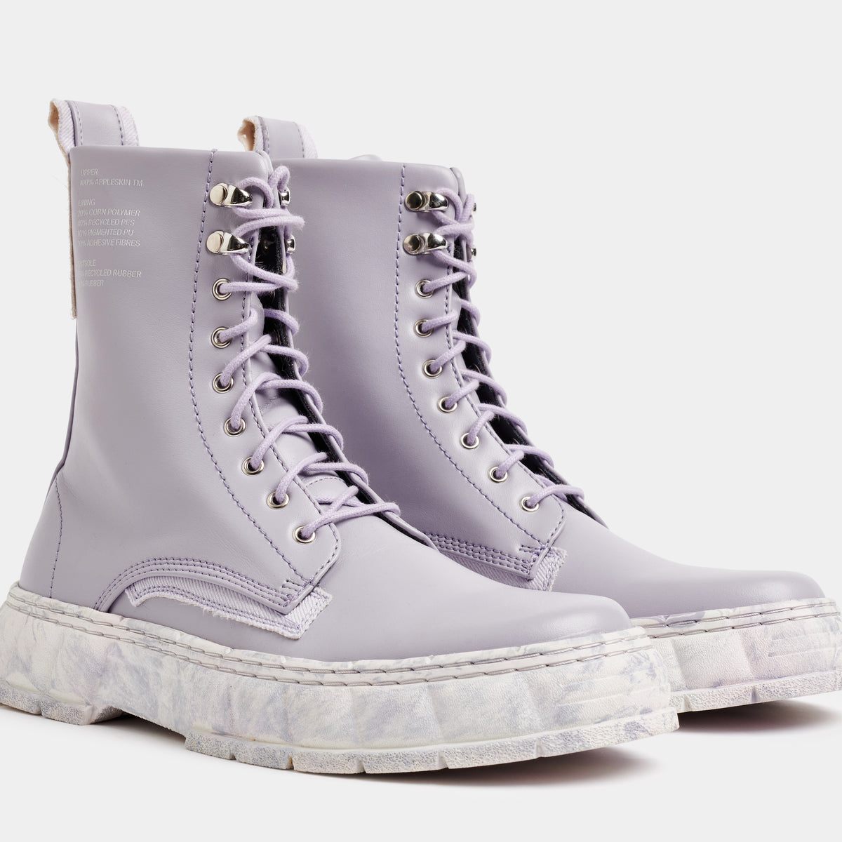 1992 Vegan combat boot out of Appleskin in light purple shown from the front