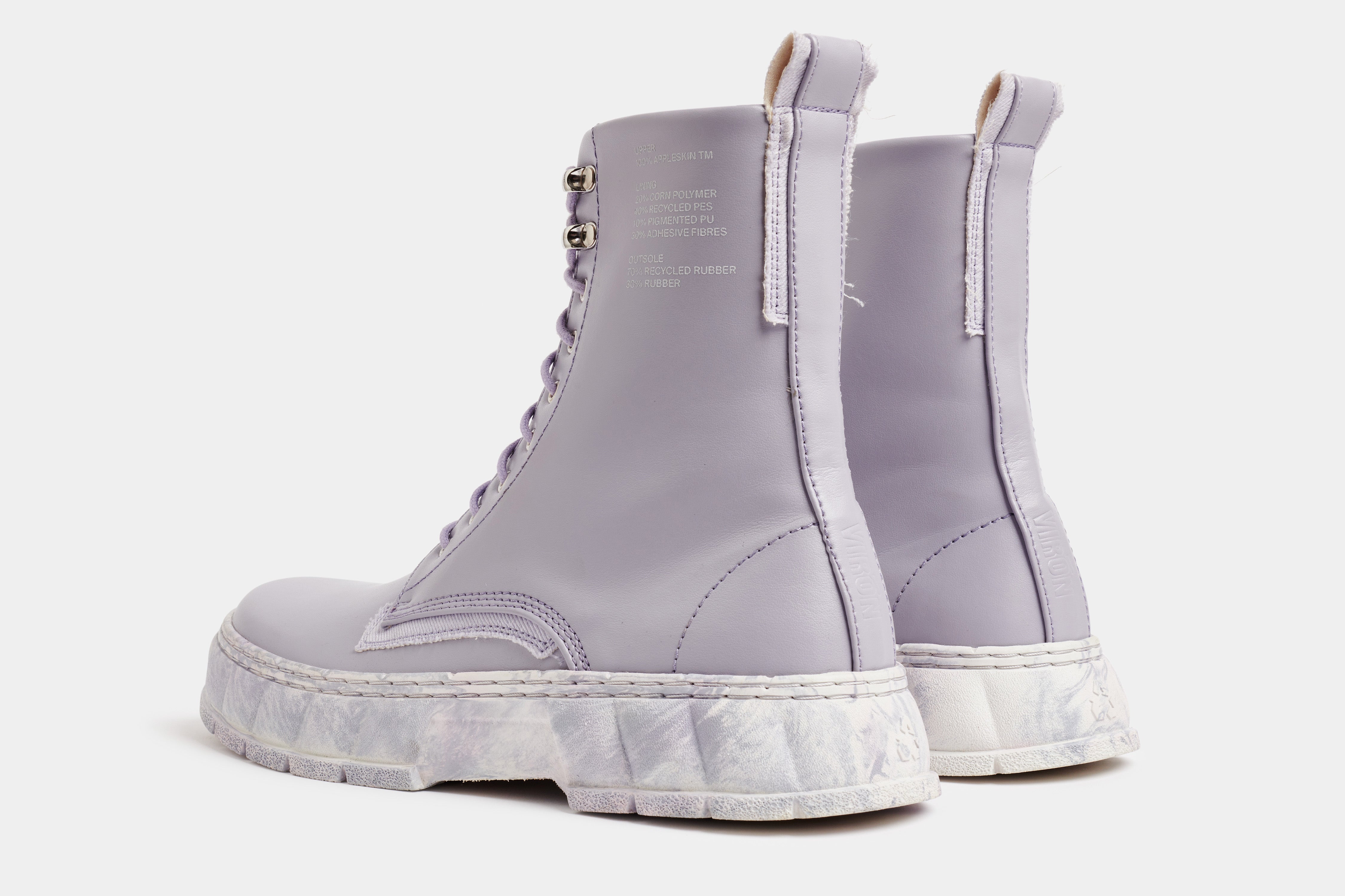 1992 Vegan combat boot out of Appleskin in light purple shown from the back