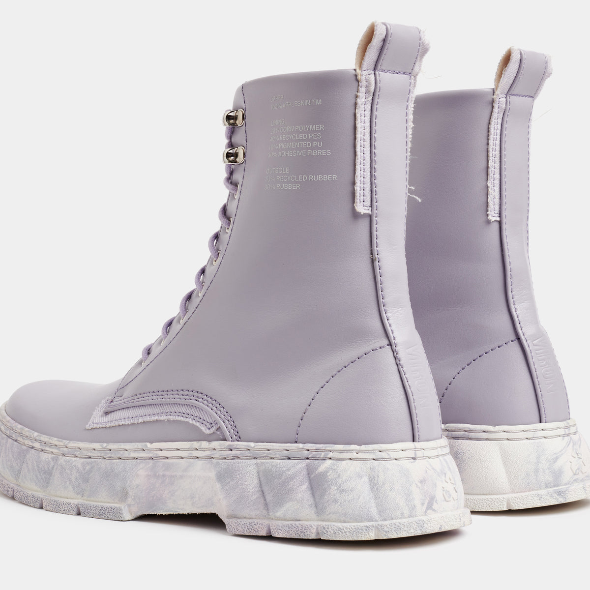 1992 Vegan combat boot out of Appleskin in light purple shown from the back