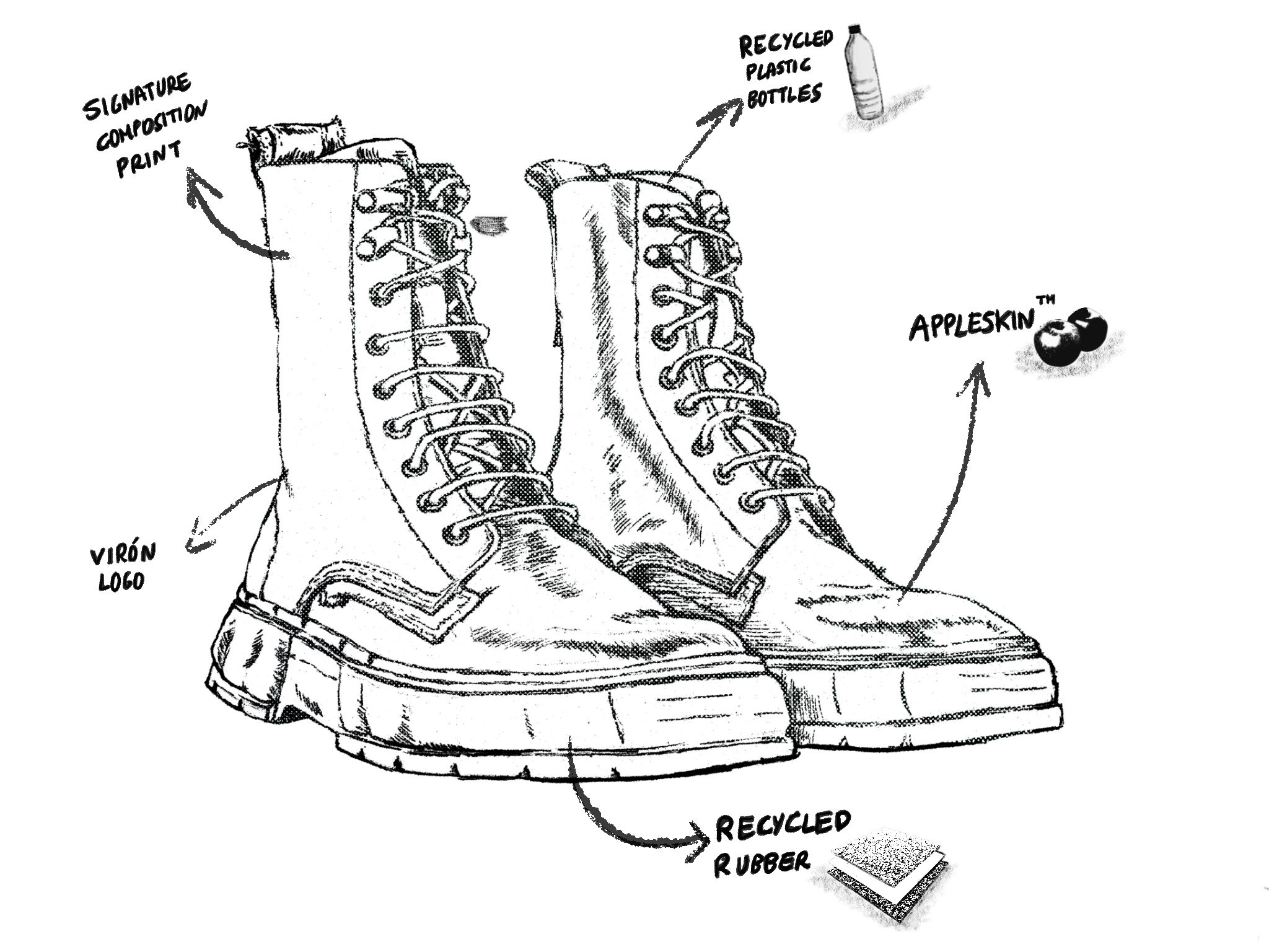 1992 Vegan combat boot out of Appleskin in Forest Apple sketch