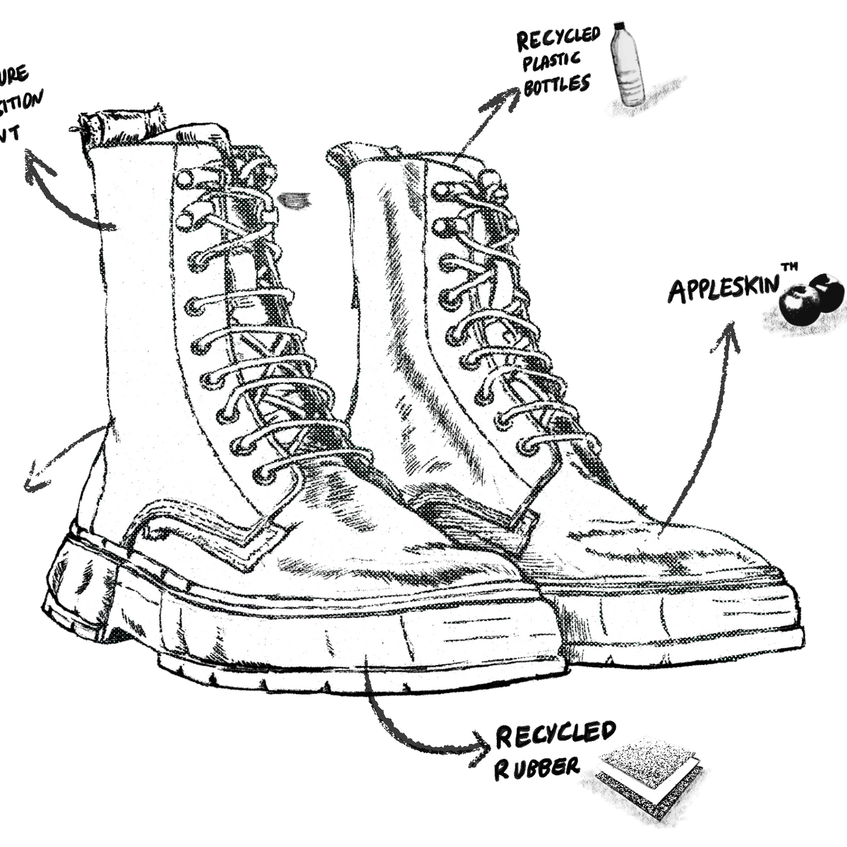 1992 Vegan combat boot out of Appleskin in Forest Apple sketch