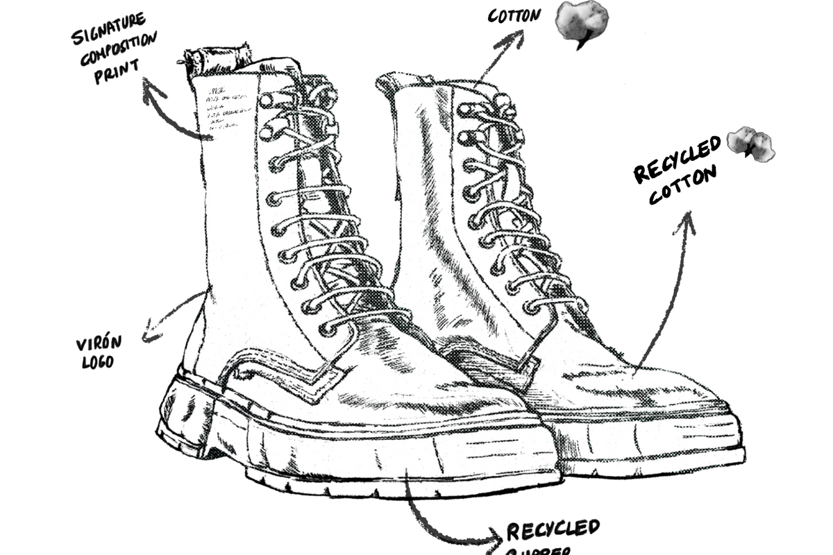 1992 Vegan combat boot out of recycled PET in green, blue and white sketch